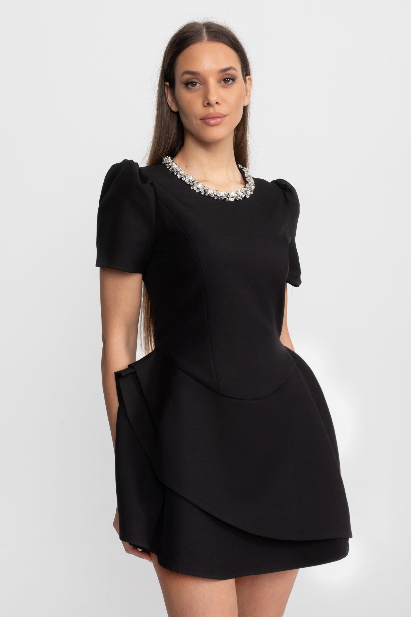 Tailored Mini Dress with Crystal Embellished Neckline – Black