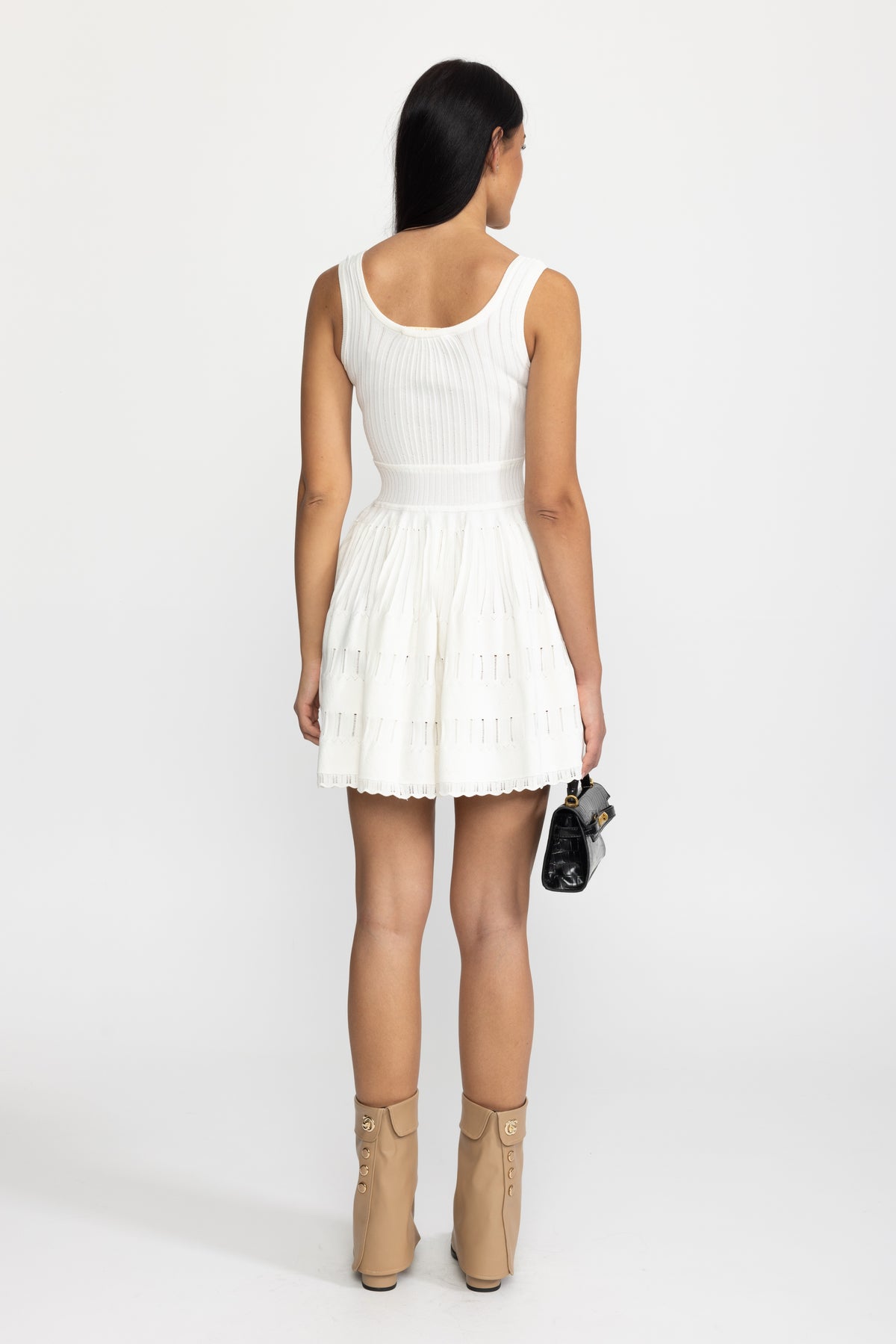 Pointelle Knit Skater Mini Dress - White