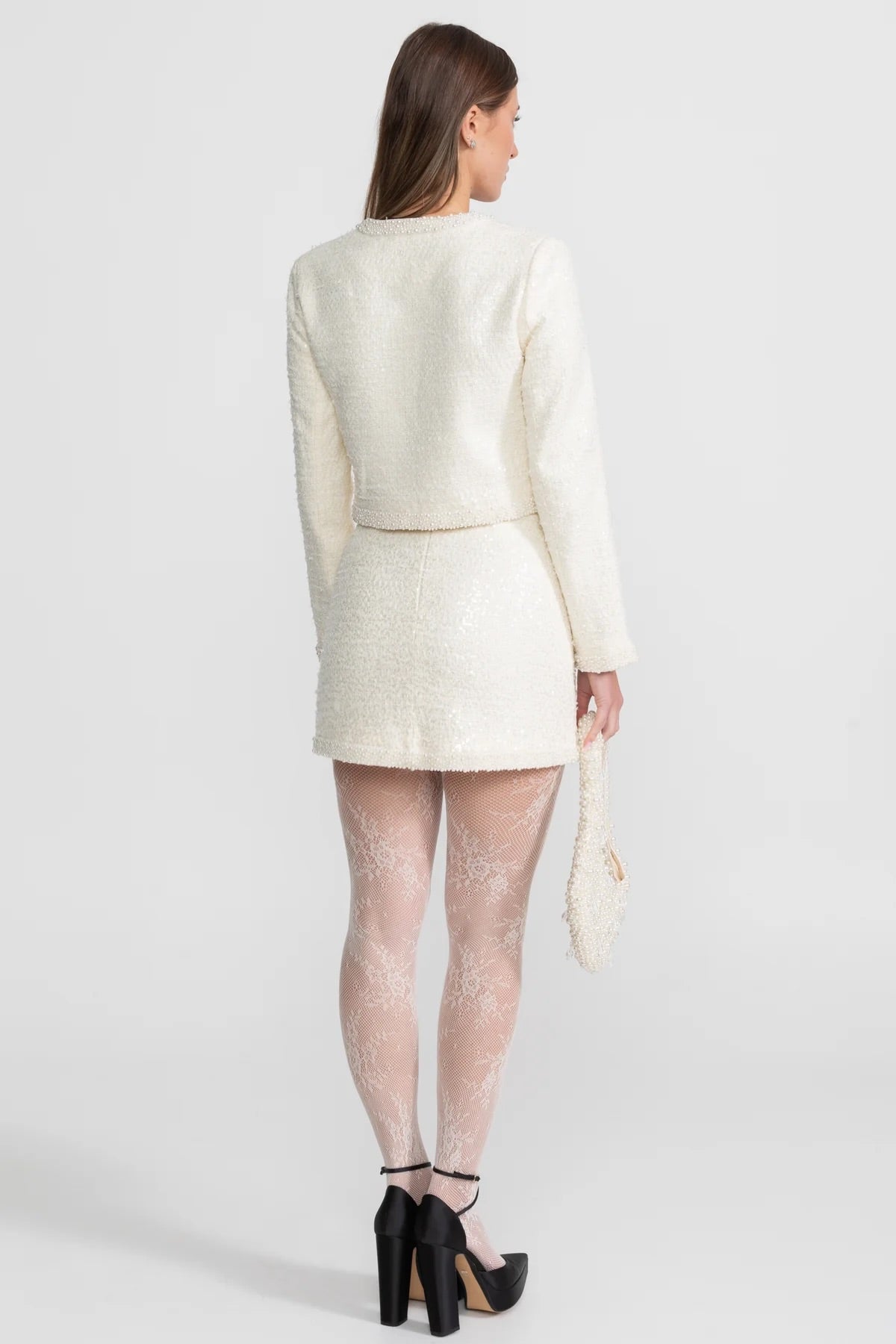 Tweed-Minirock mit Perlenbesatz und Saum - Ivoire