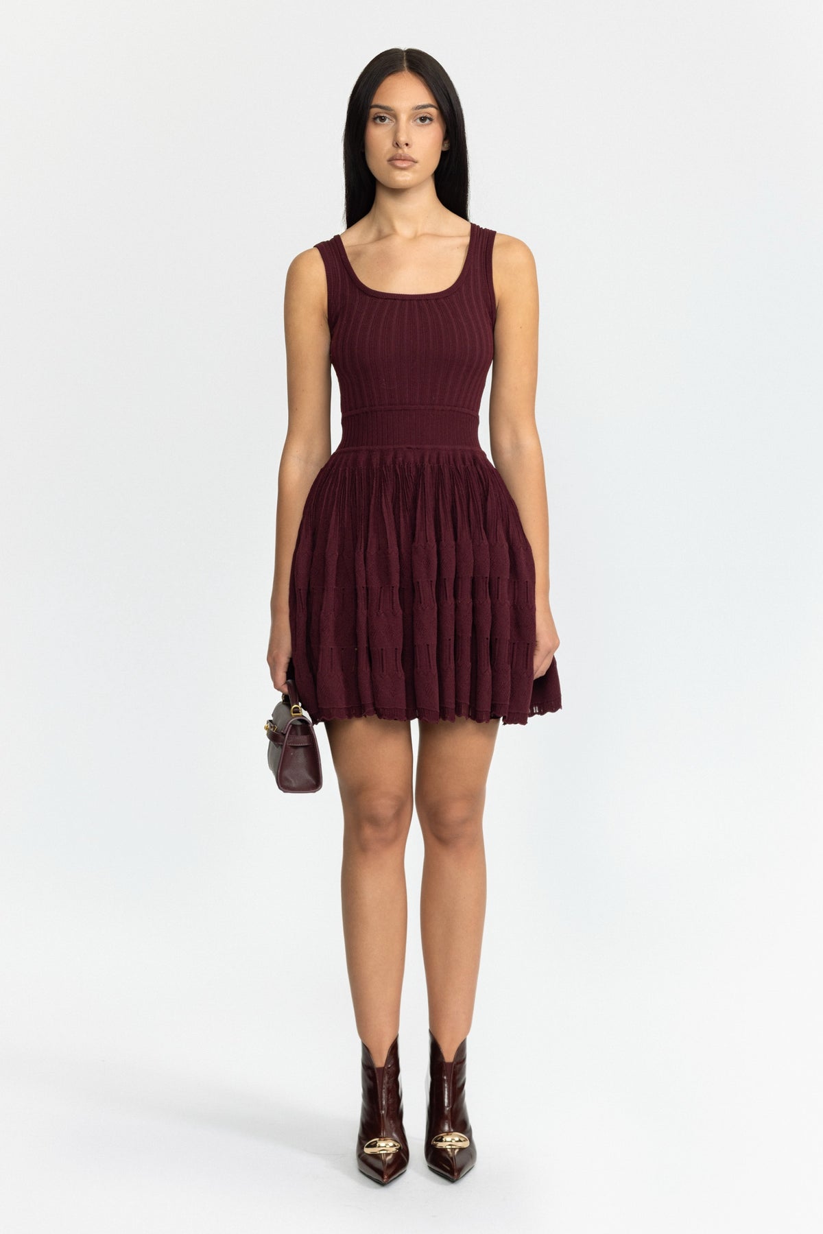 Skater-Minikleid aus Pointelle-Strick - Weinrot