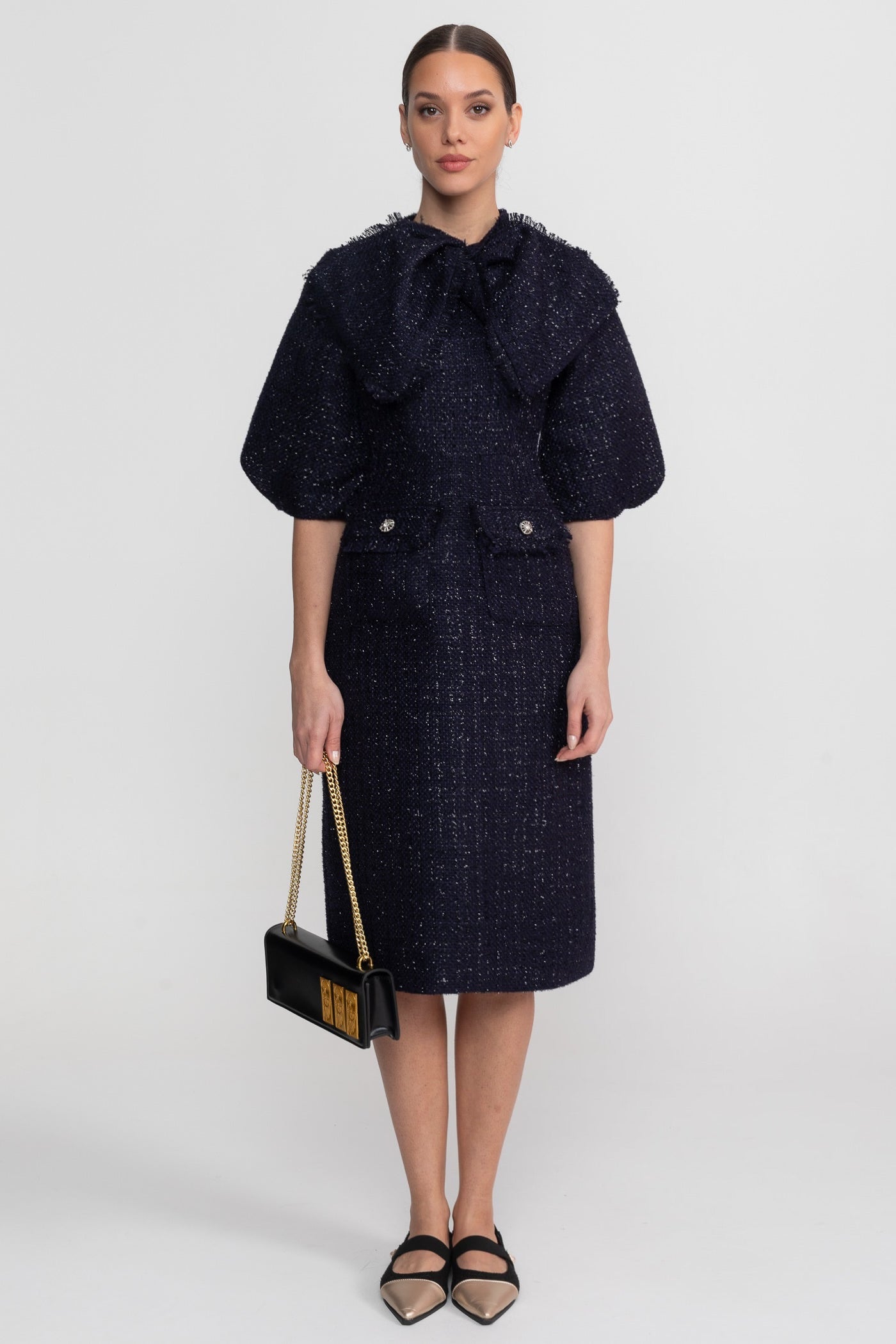 Tweed-Midikleid mit übergroßem Schleifenkragen – Navy