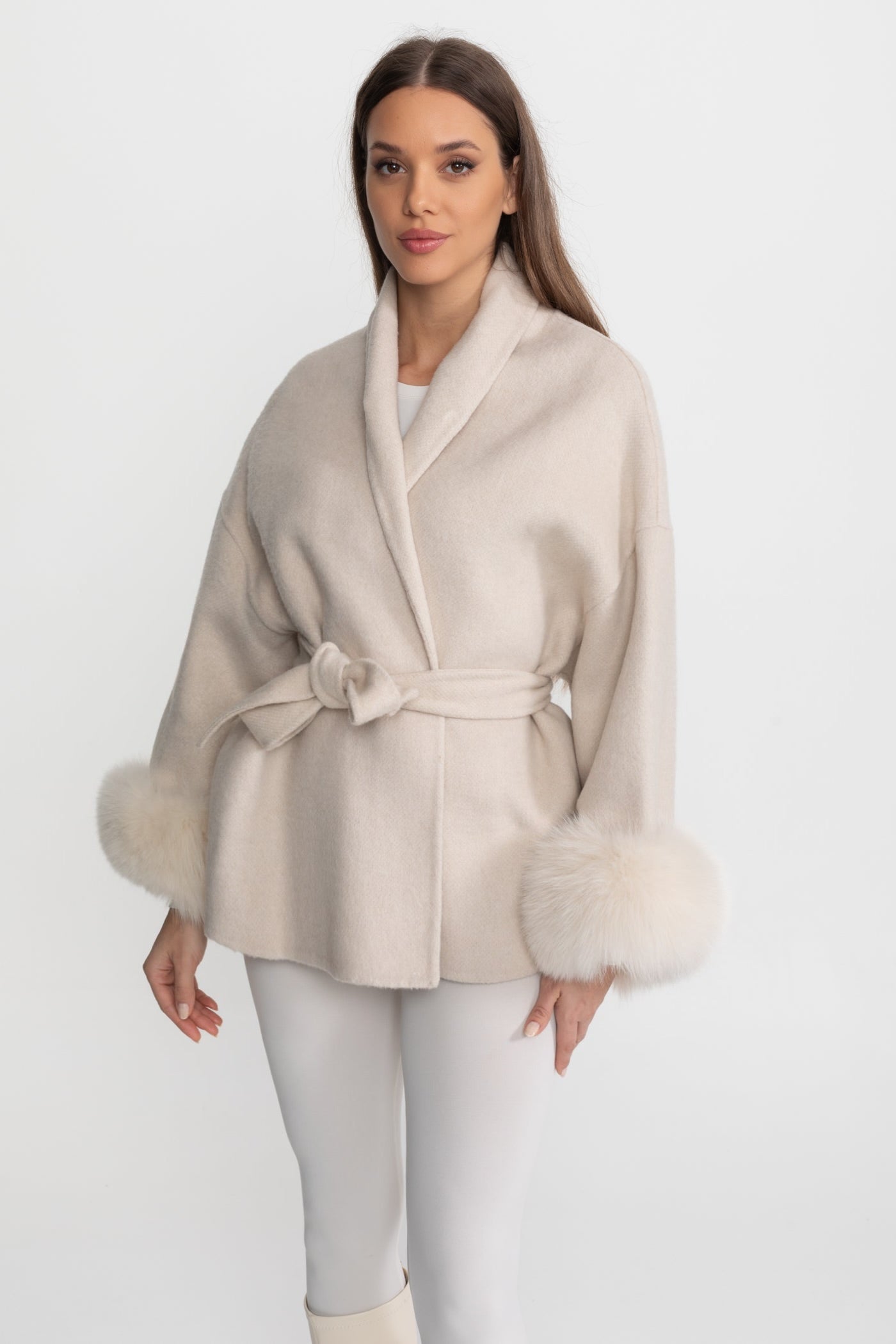 Wool Blend Wrap Jacket with Fox Fur Cuffs – Cream