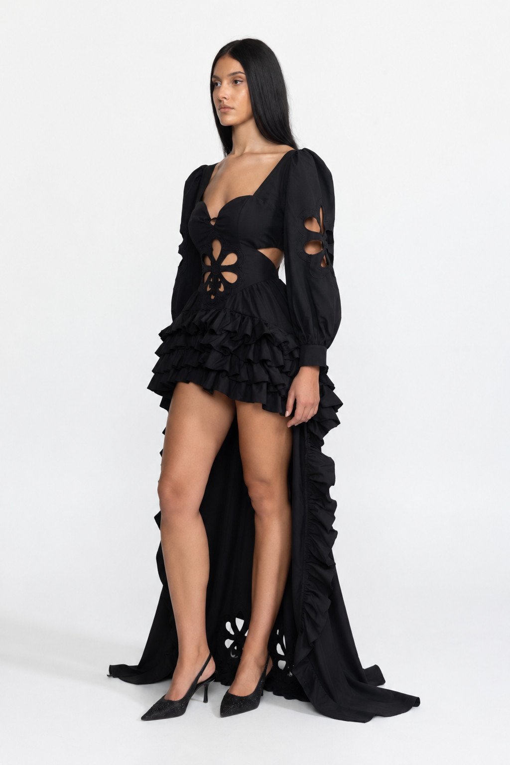 Embroidered Cutout Puff Sleeve High-Low Ruffle Gown - Black