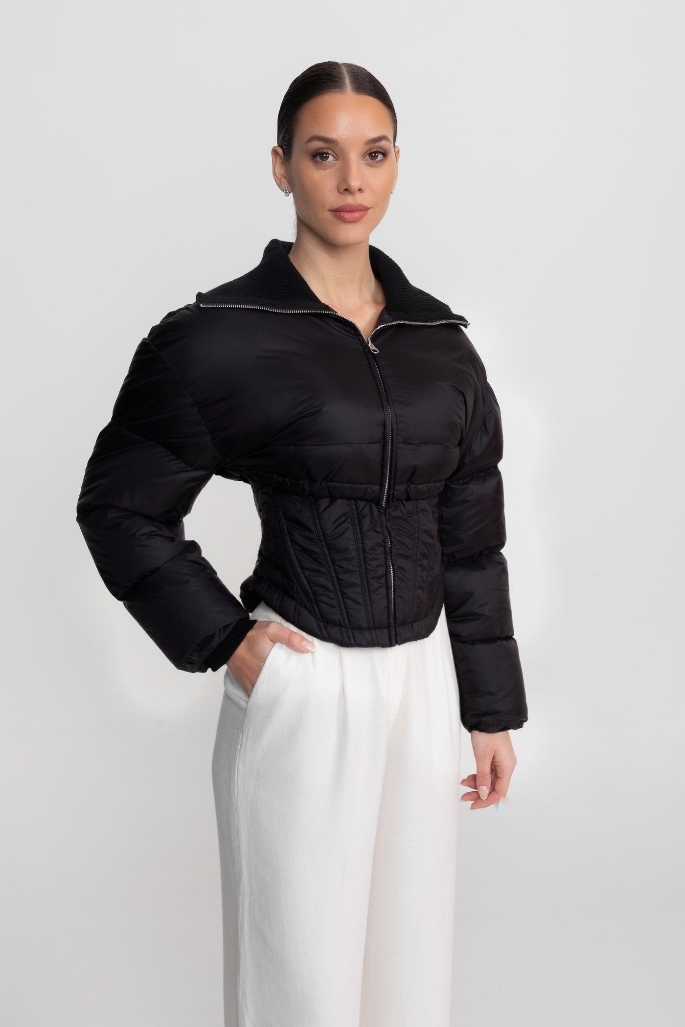 Cropped Puffer Jacket With Corset Waist Detailing - Black
