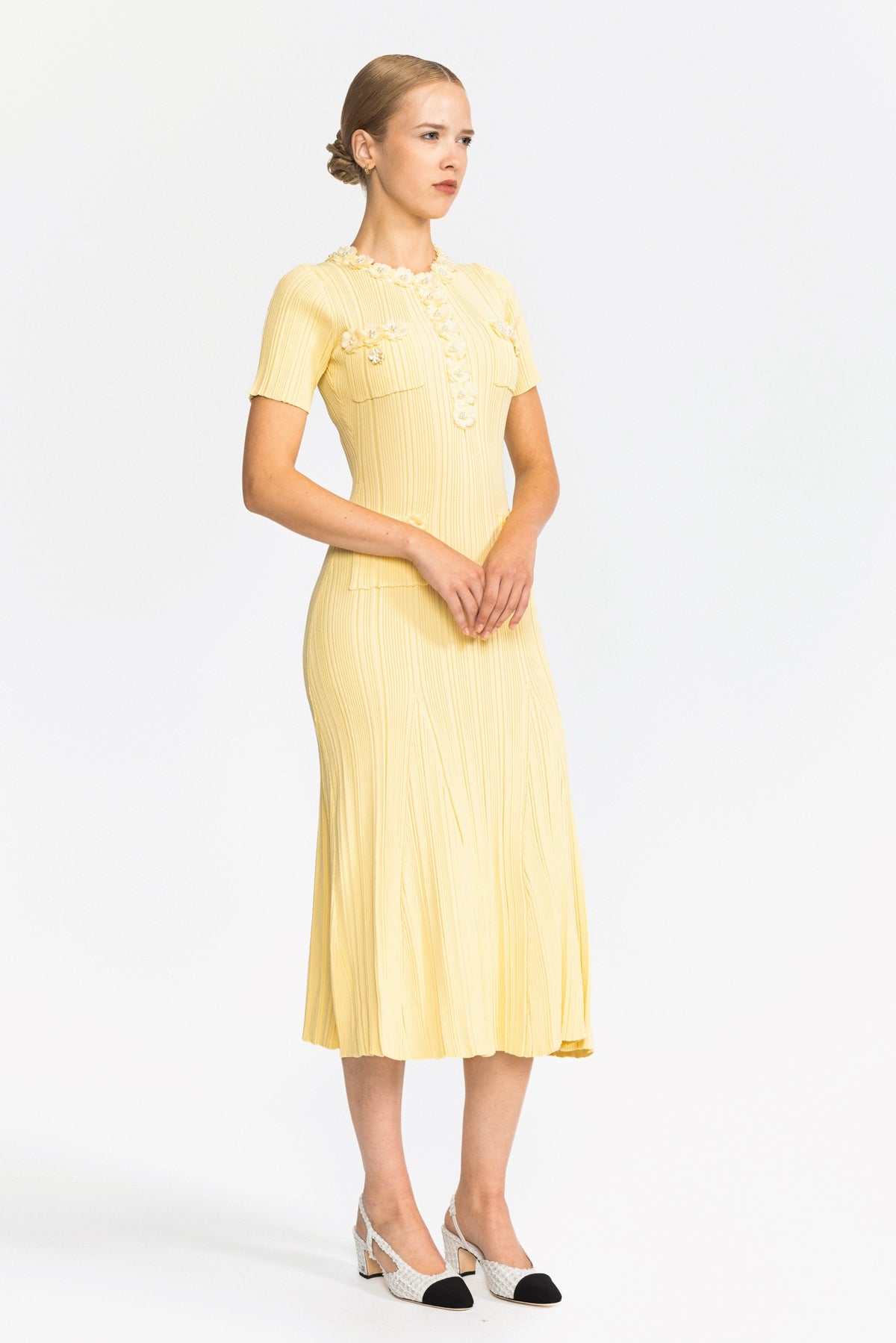 Cable Knit Jewel-Button Midi Dress - Yellow