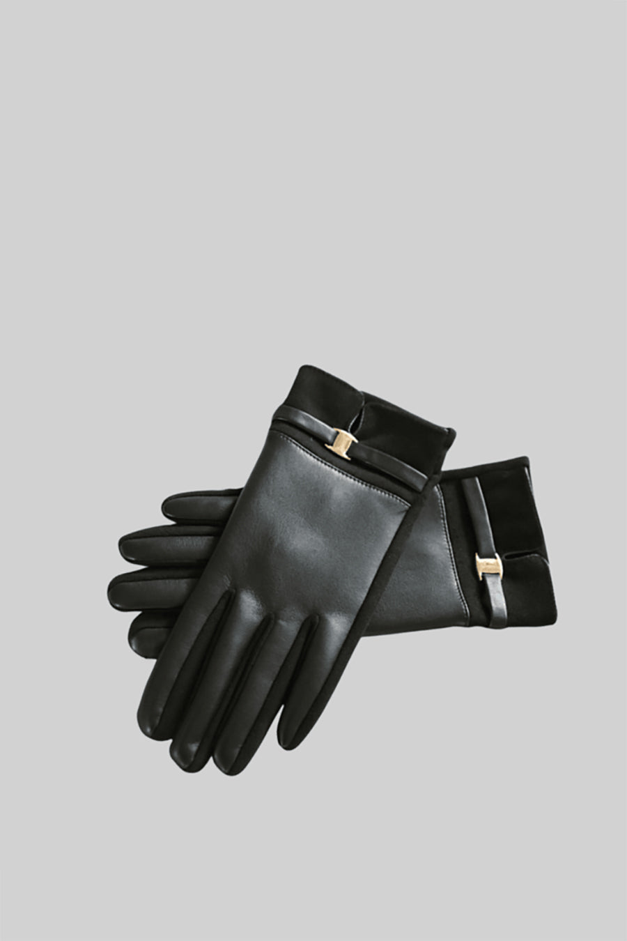Handschuhe aus veganem Leder und Wildleder mit goldfarbenem Schnallendetail – Schwarz