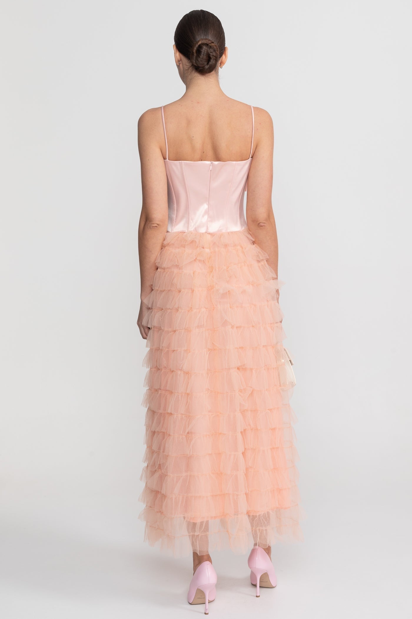 Maxikleid mit Satinschleifen-Träger und mehrlagigem Tüllrock - Blush Pink