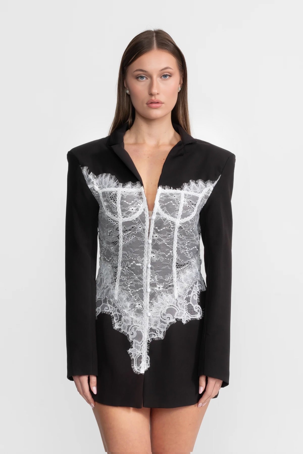 Lace Corset Blazer Dress With Deep V-neckline – Black