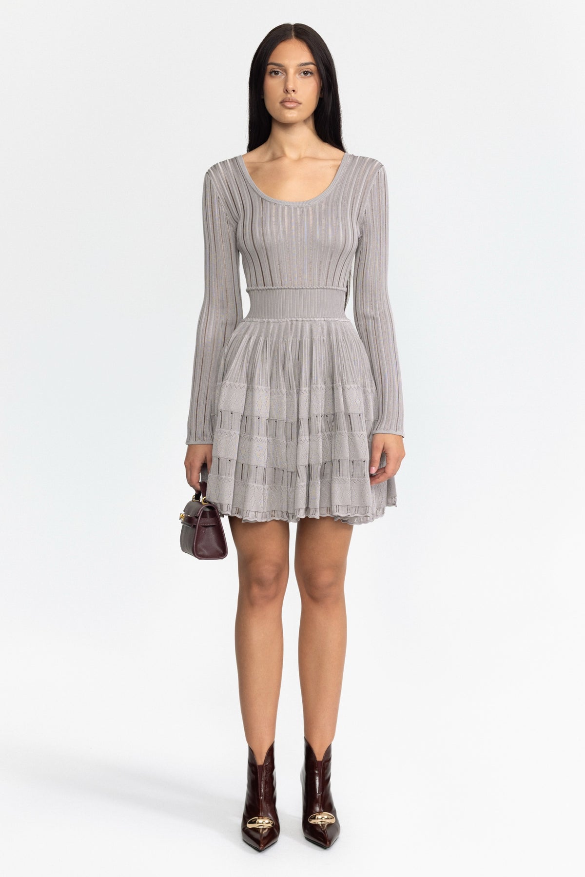 Skater-Minikleid aus Ladder Knit mit U-Ausschnitt - Grau