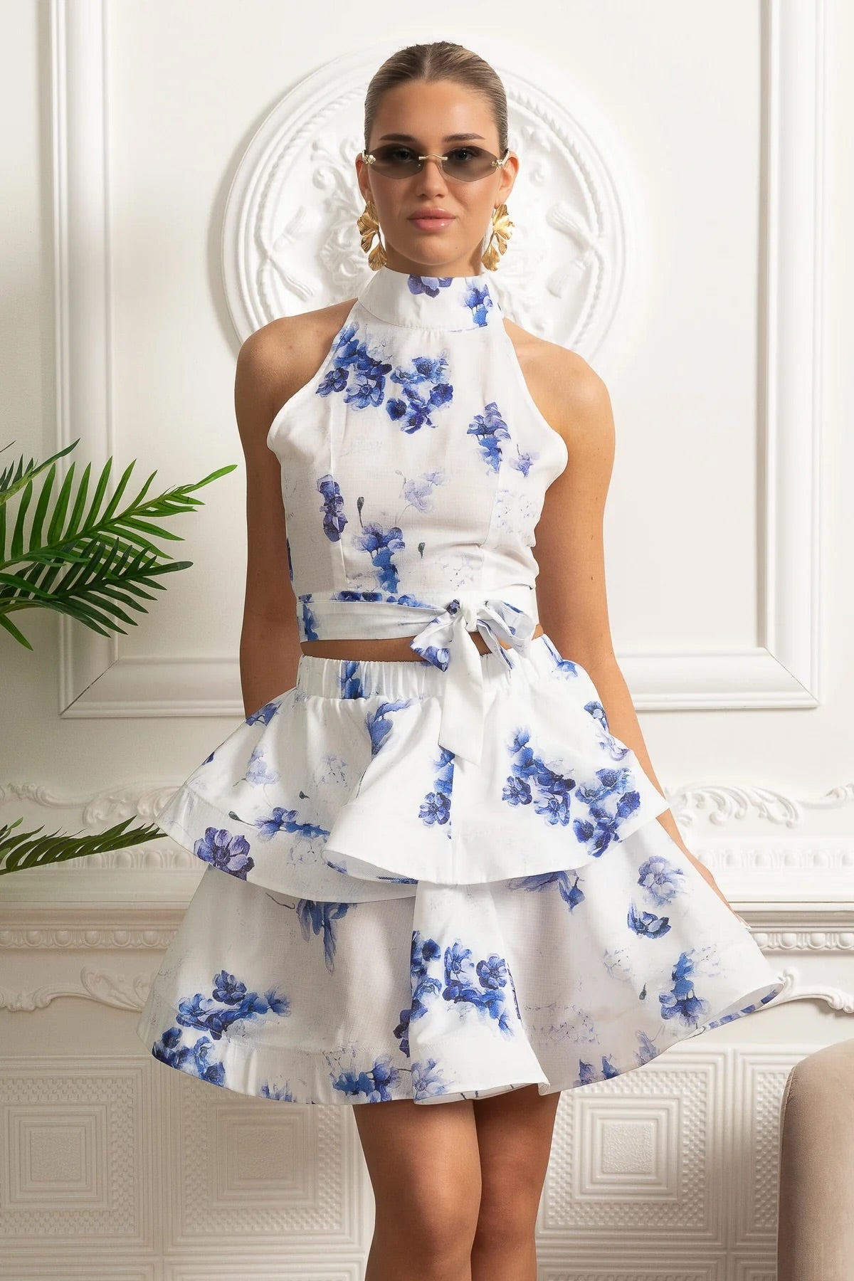 Floral Halter Crop Top and Layered Ruffle Mini Skirt Set - White/Blue