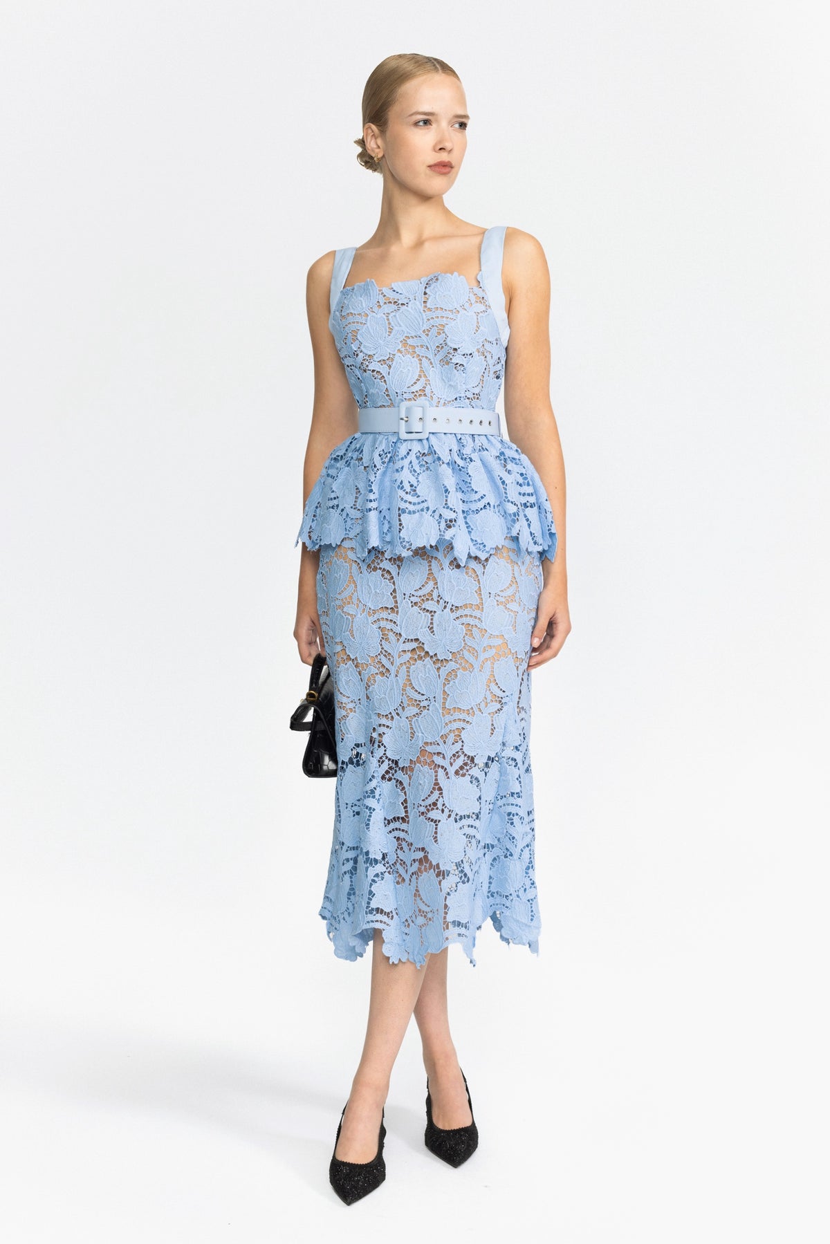 Set aus Guipure-Spitzen-Peplum-Top und Midirock - Hellblau