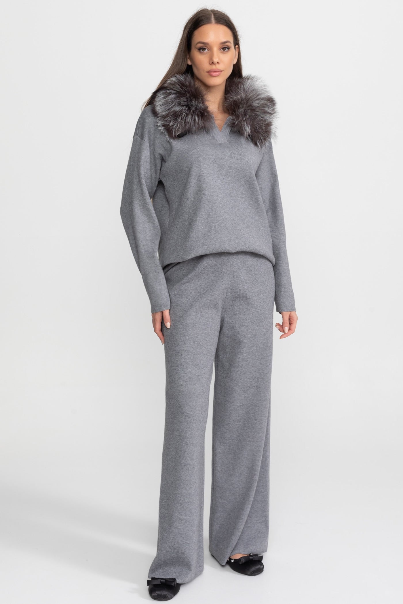 Knit Lounge Co-Ord Set with Fox Fur Collar – Grey