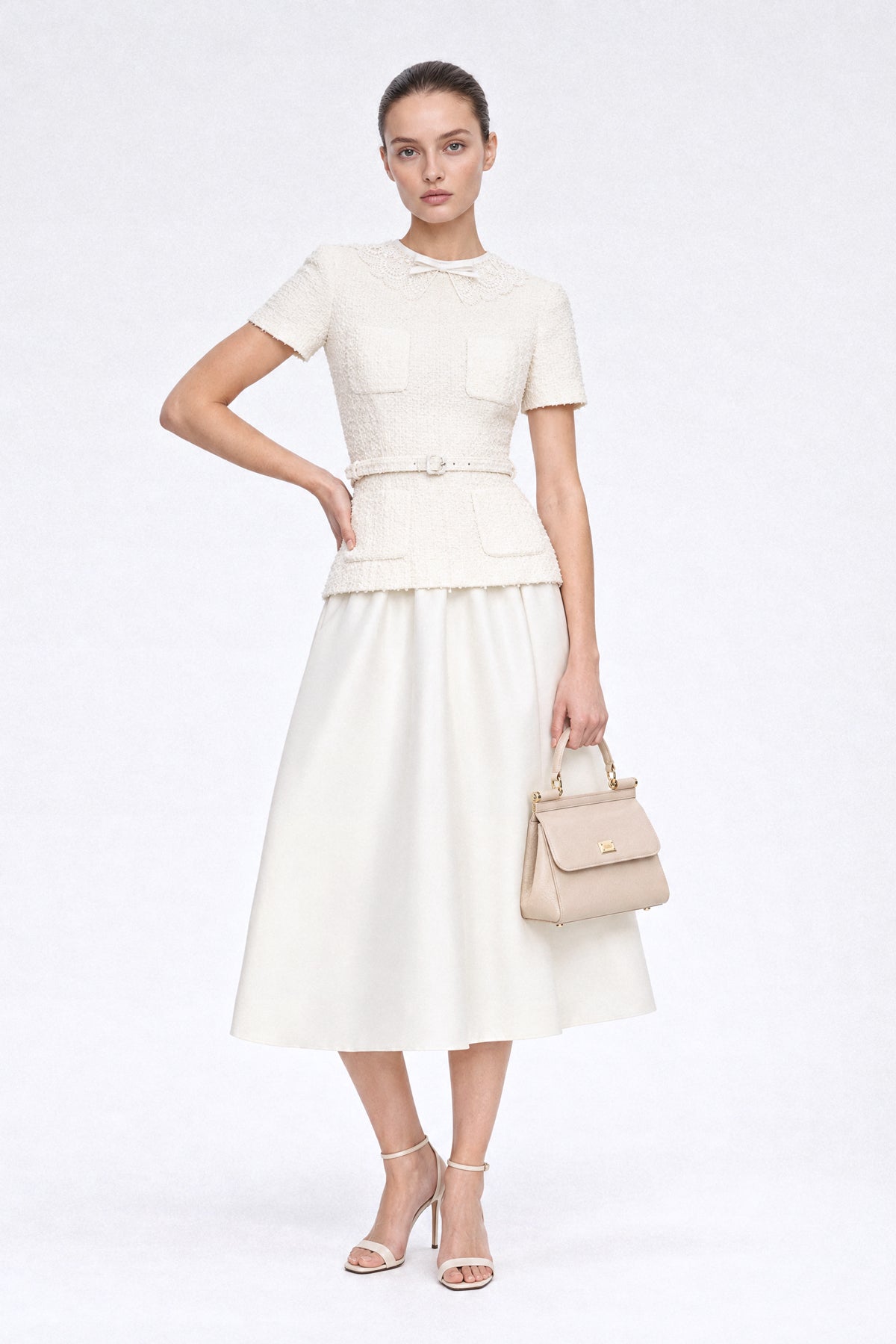 Tweed-Peplum-Midi-Kleid mit Spitzenkragen - Ivoire