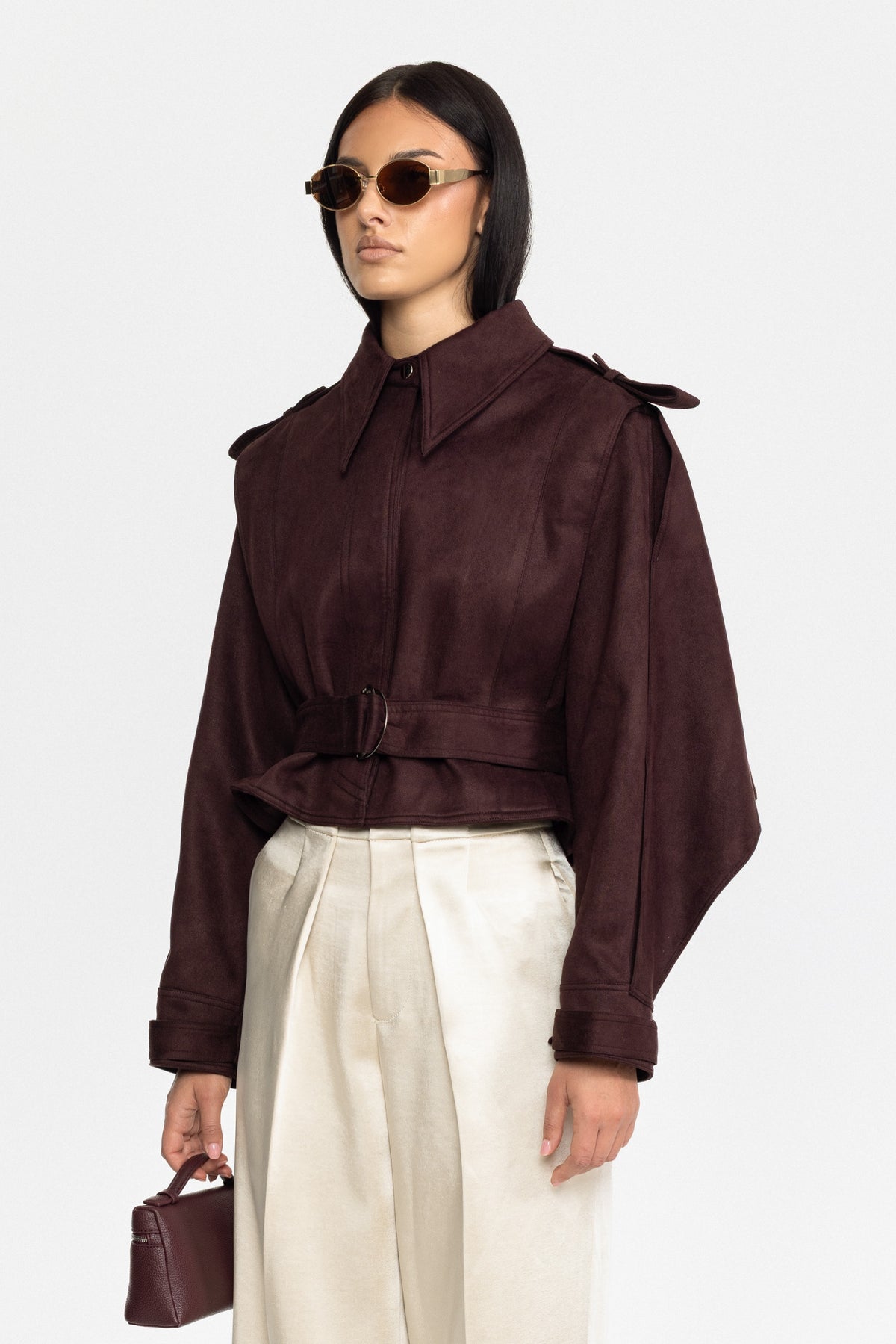 Cape-Jacke aus Veloursleder mit Gürtel - Burgunderrot