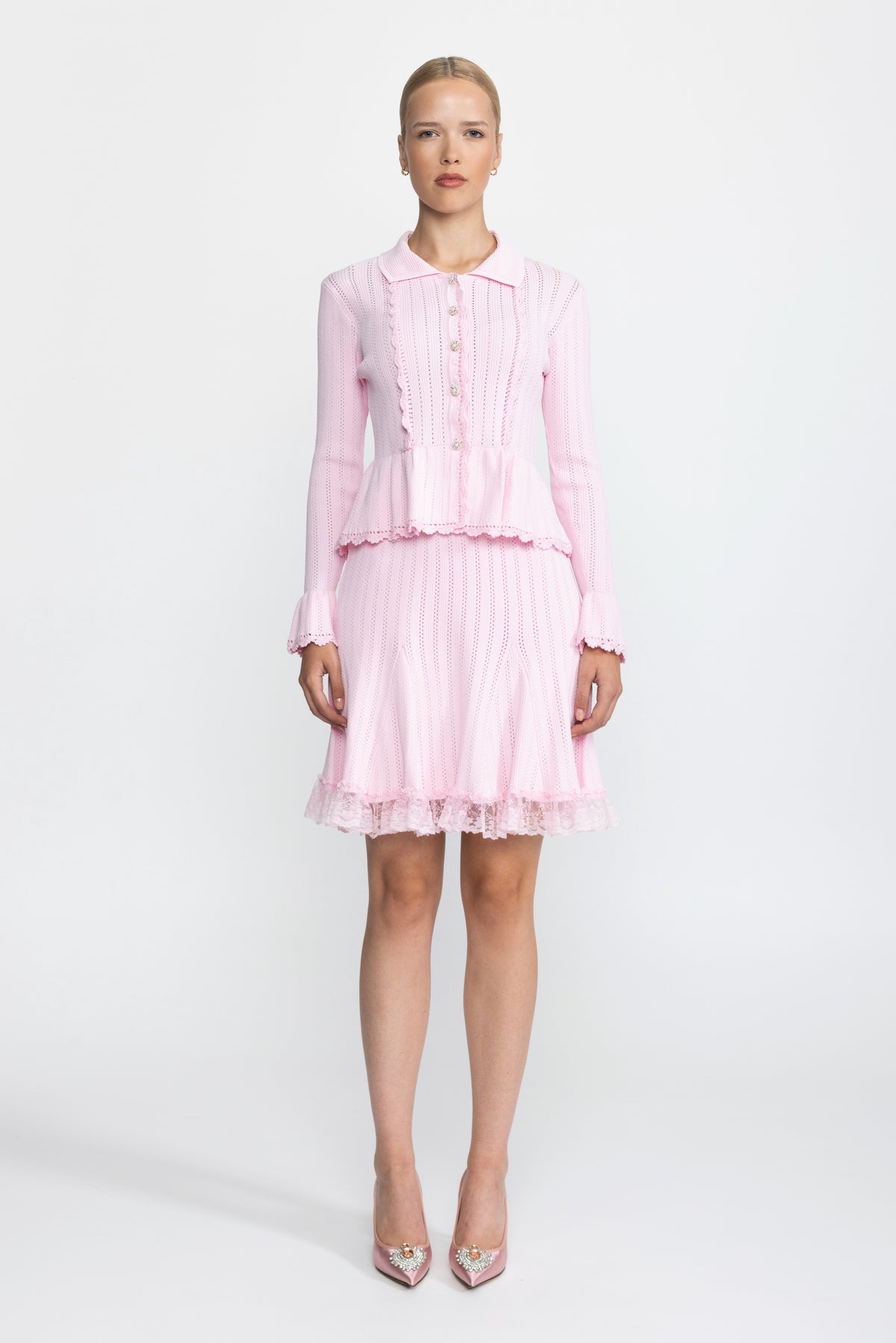 Pointelle Knit Peplum Cardigan and Lace Hem Skirt Co-ord Set - Pink