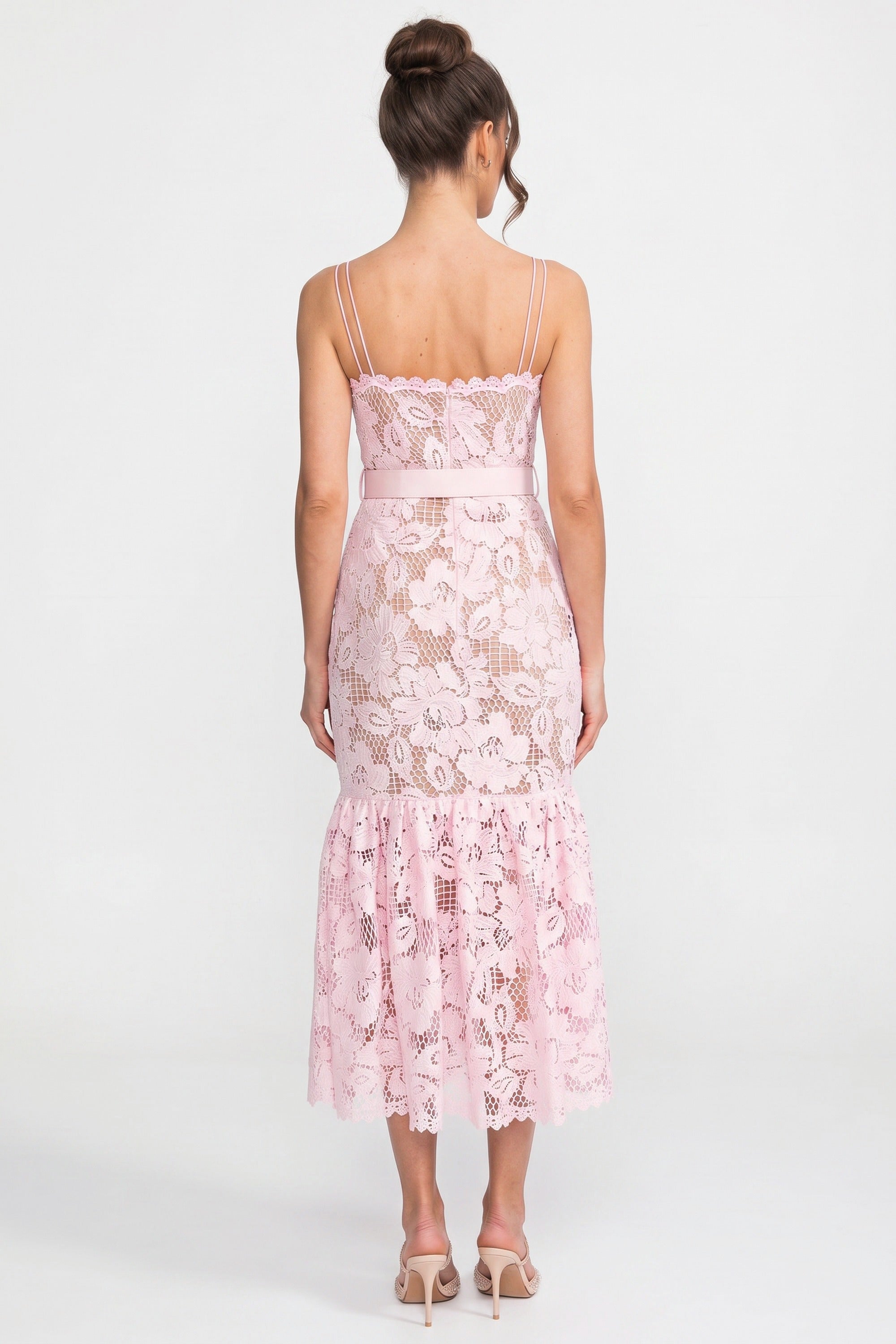 Lace Midi Dress With Belted Waist And Flounce Hem - Pink
