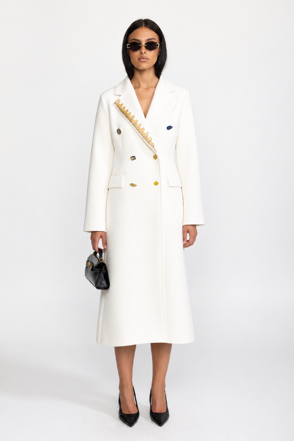 Embellished Lapel Double-Breasted Longline Coat - White