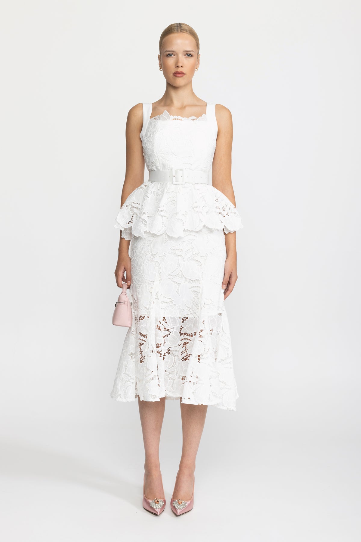 Guipure Lace Peplum Midi Dress - White