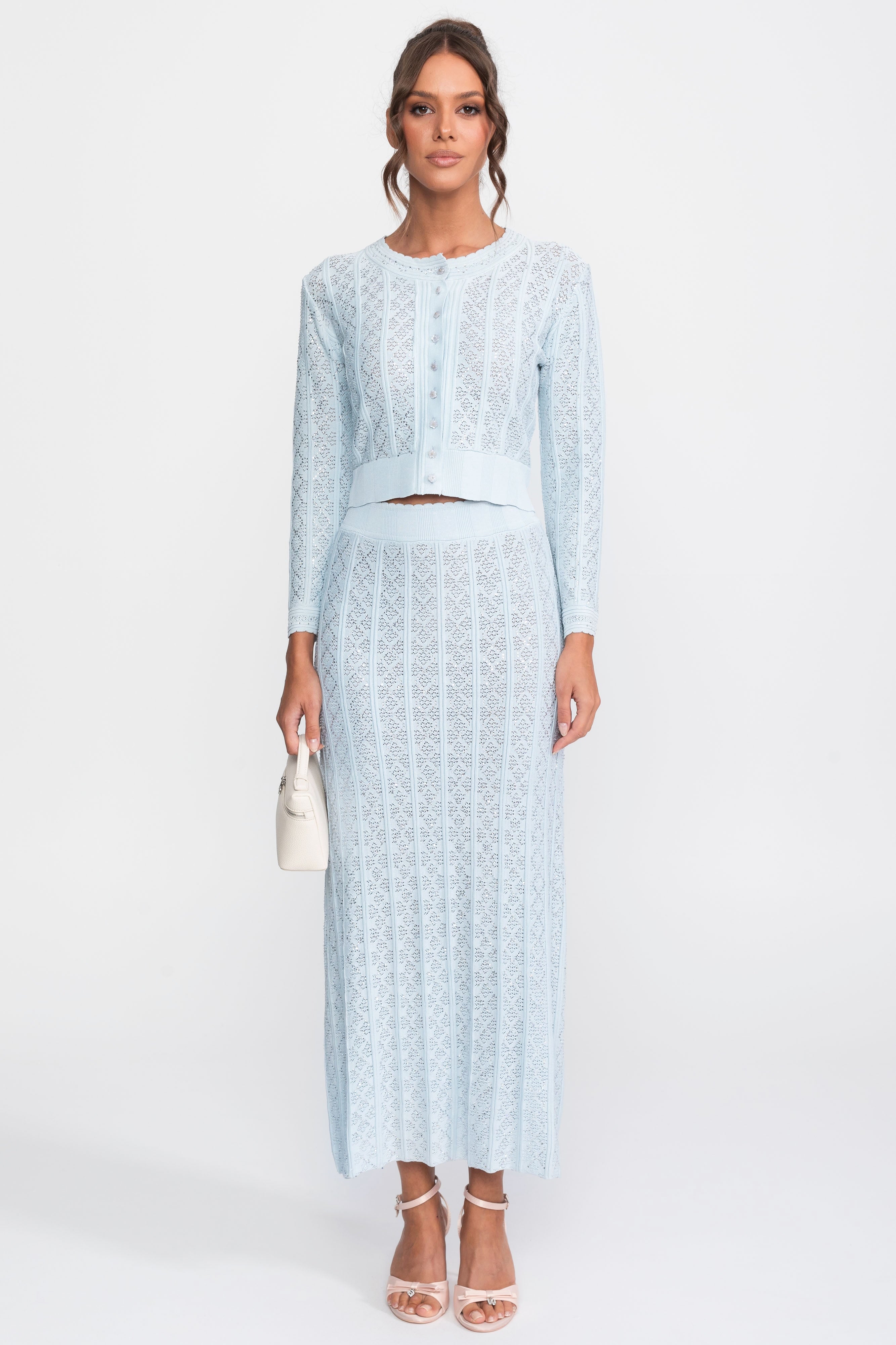 Eyelet-Strick-Set mit Cardigan und Maxirock - Hellblau