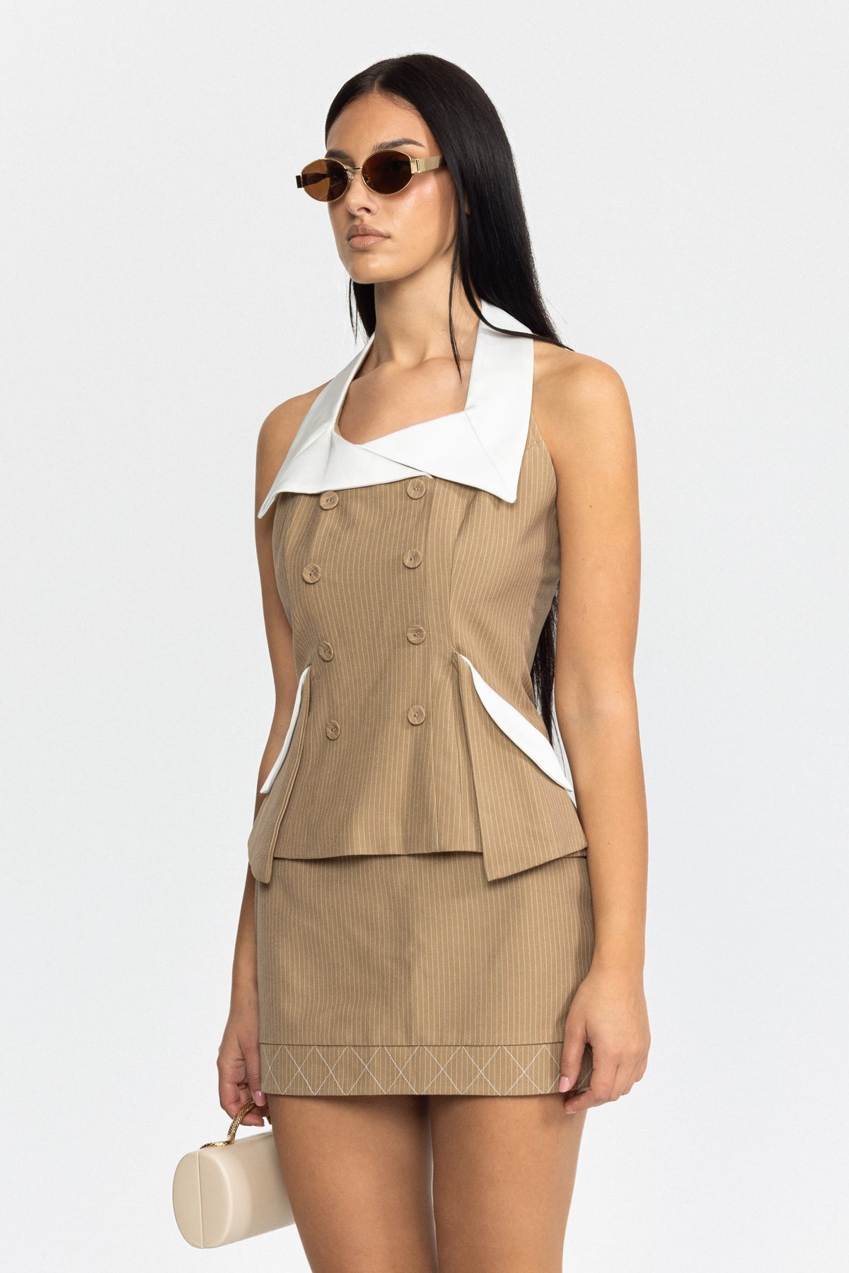 Set aus Neckholder-Top und Minirock mit Nadelstreifen - Khaki
