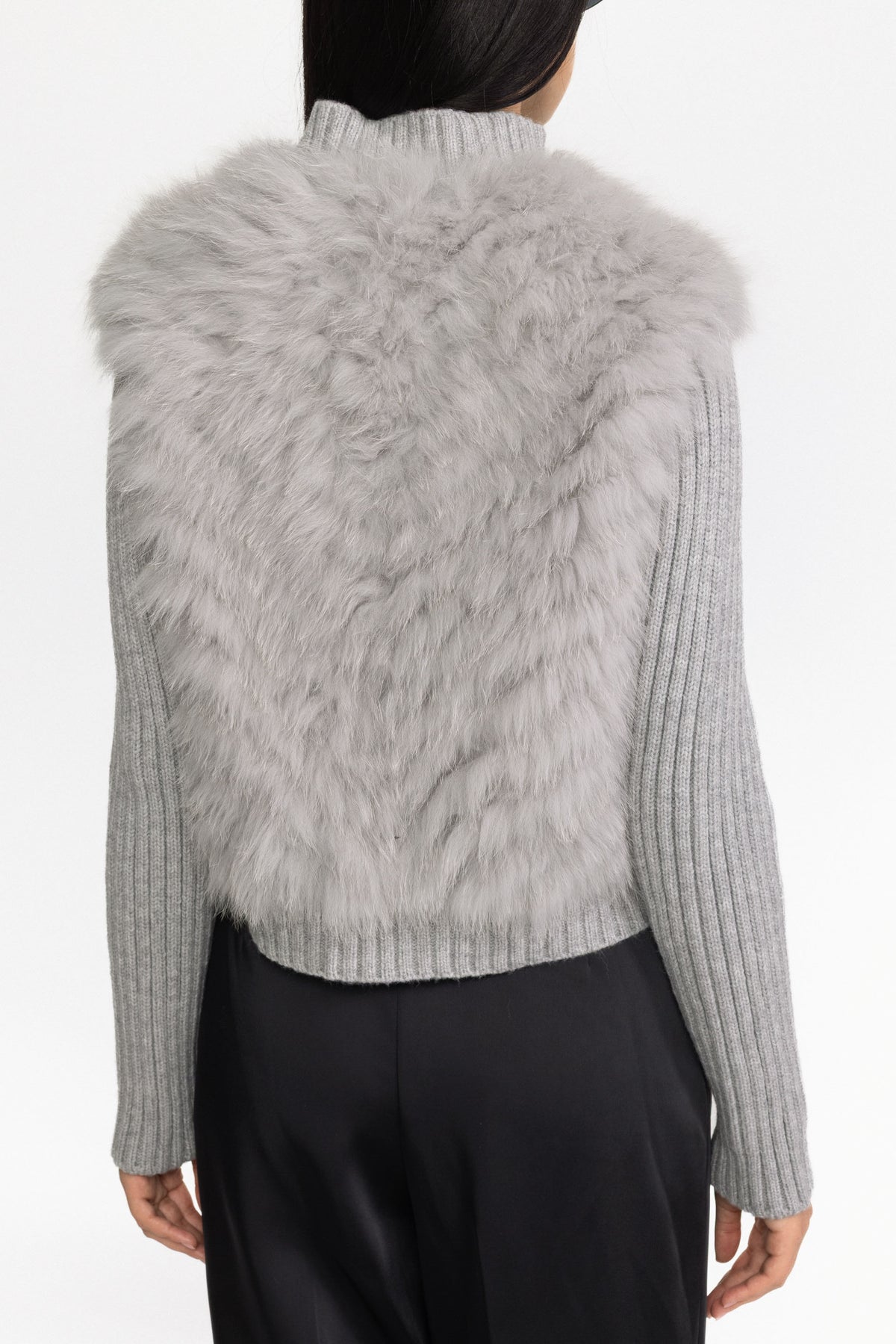 Knitted Fox Fur Jacket with Rib Knit Sleeves - Grey