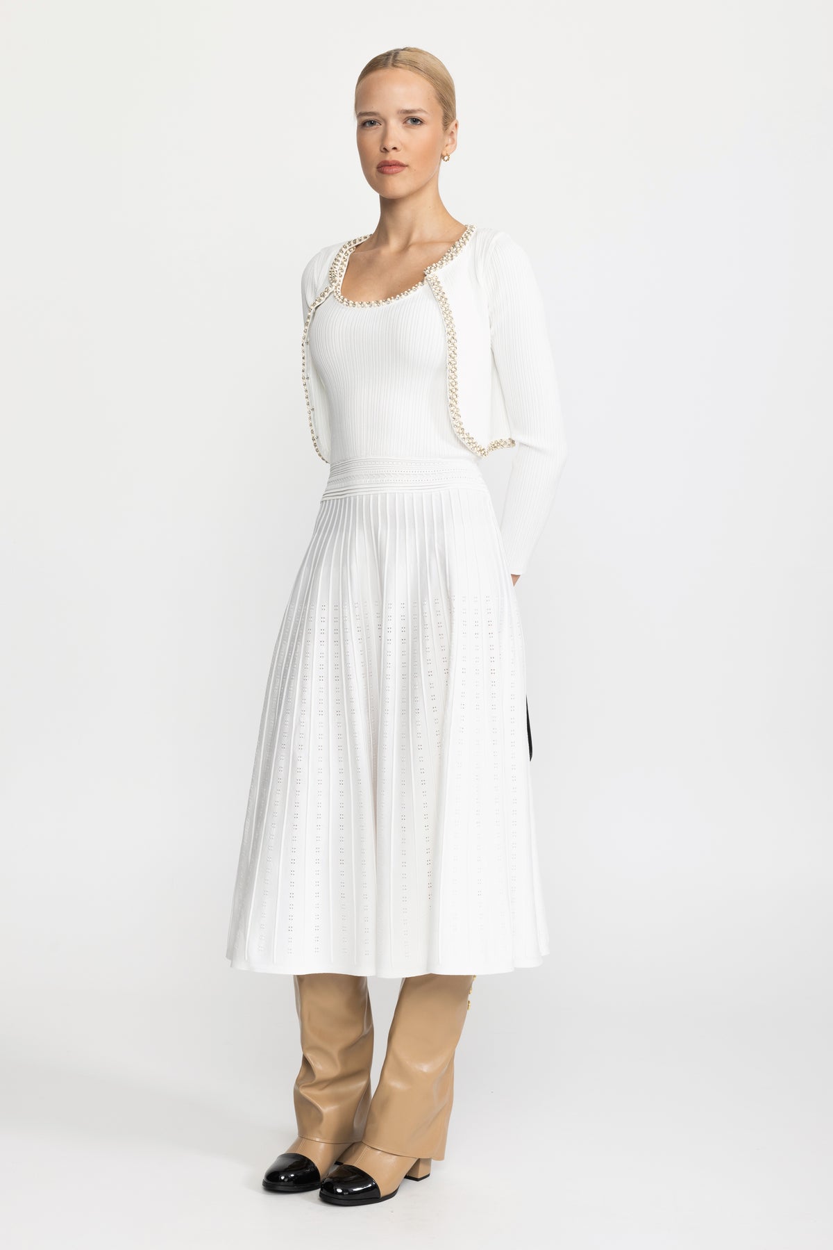 Pearl Trim Knit Tank Midi Dress and Bolero Set - White