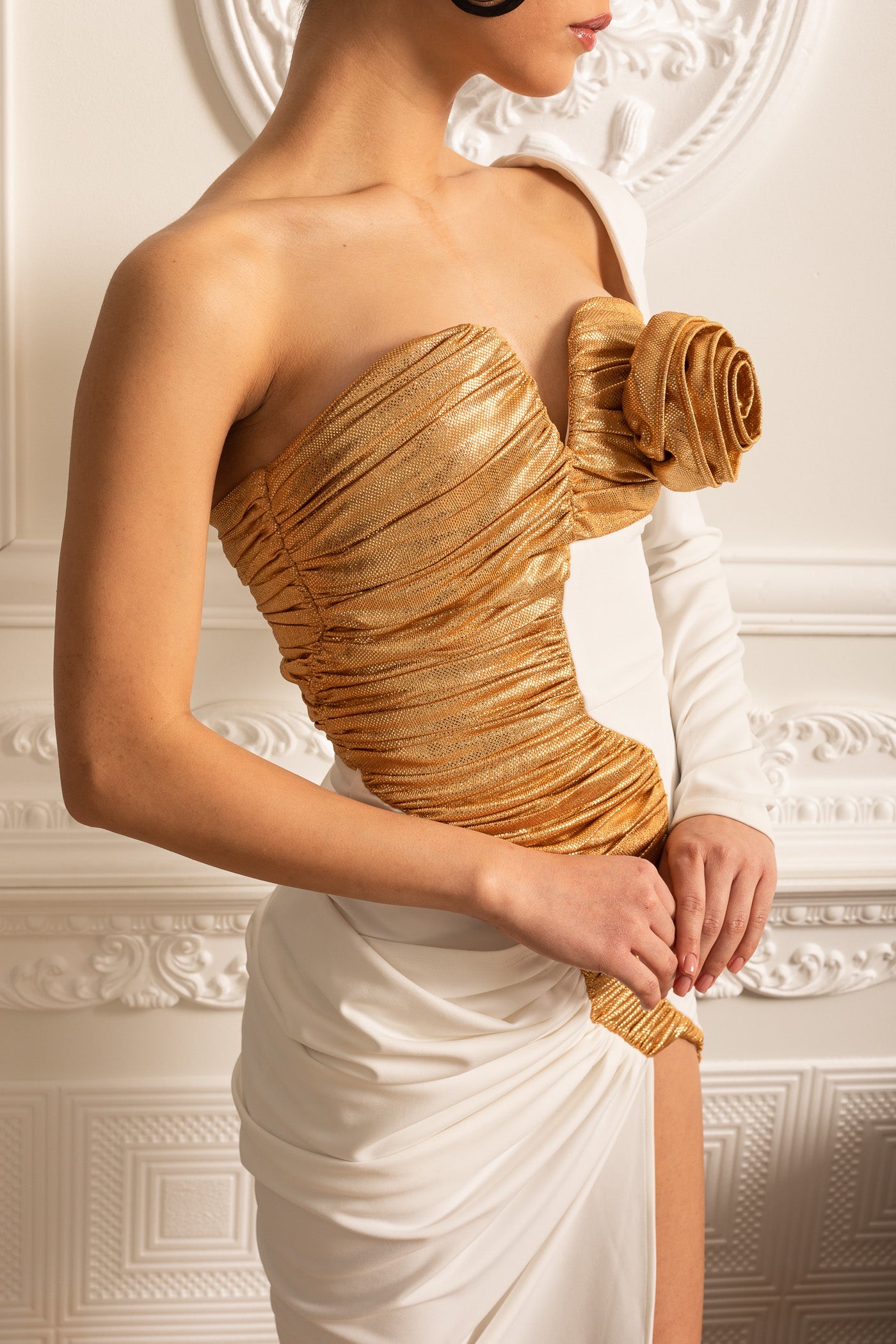 Asymmetrical Gown With Ruched Gold Details - White