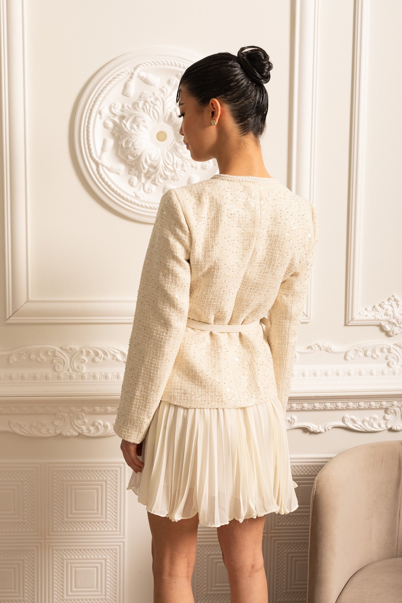 Textured Mini Dress With Pockets And Sheer Pleated Skirt - Beige