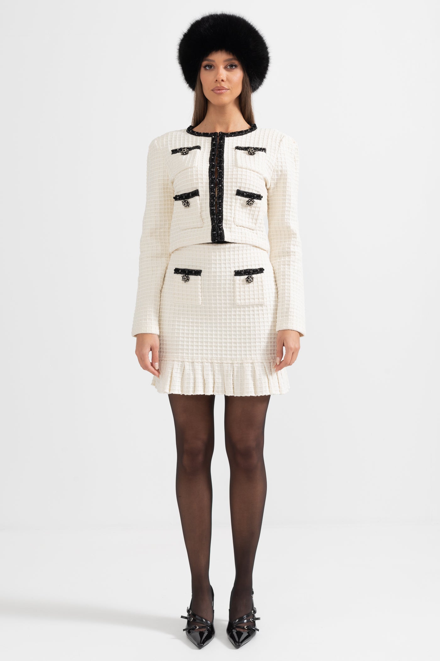 Tweed-Co-Ord-Set mit schwarzen Details - Ivoire