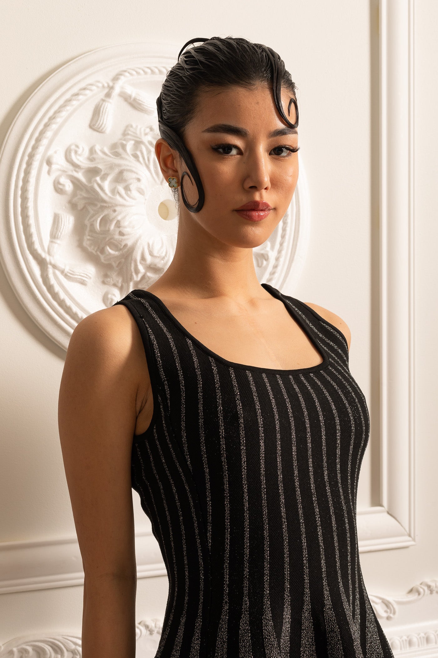 Elegant Mini Dress With Shimmering Silver Vertical Stripes - Black