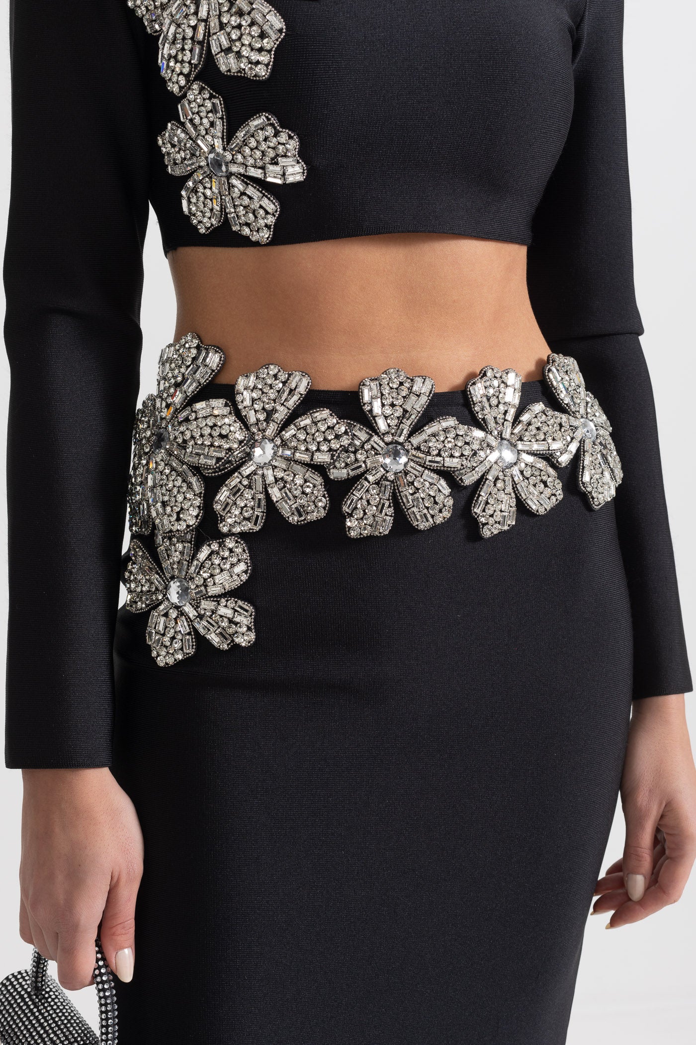 Diamantblumen-Akzent 2-teiliges Set mit langärmeligem Oberteil und Maxirock - Schwarz