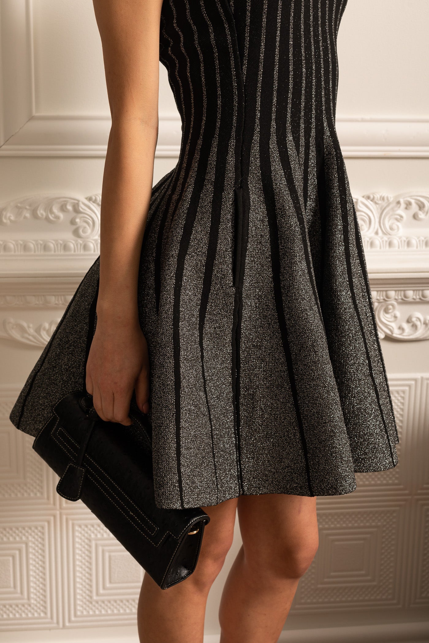 Elegant Mini Dress With Shimmering Silver Vertical Stripes - Black
