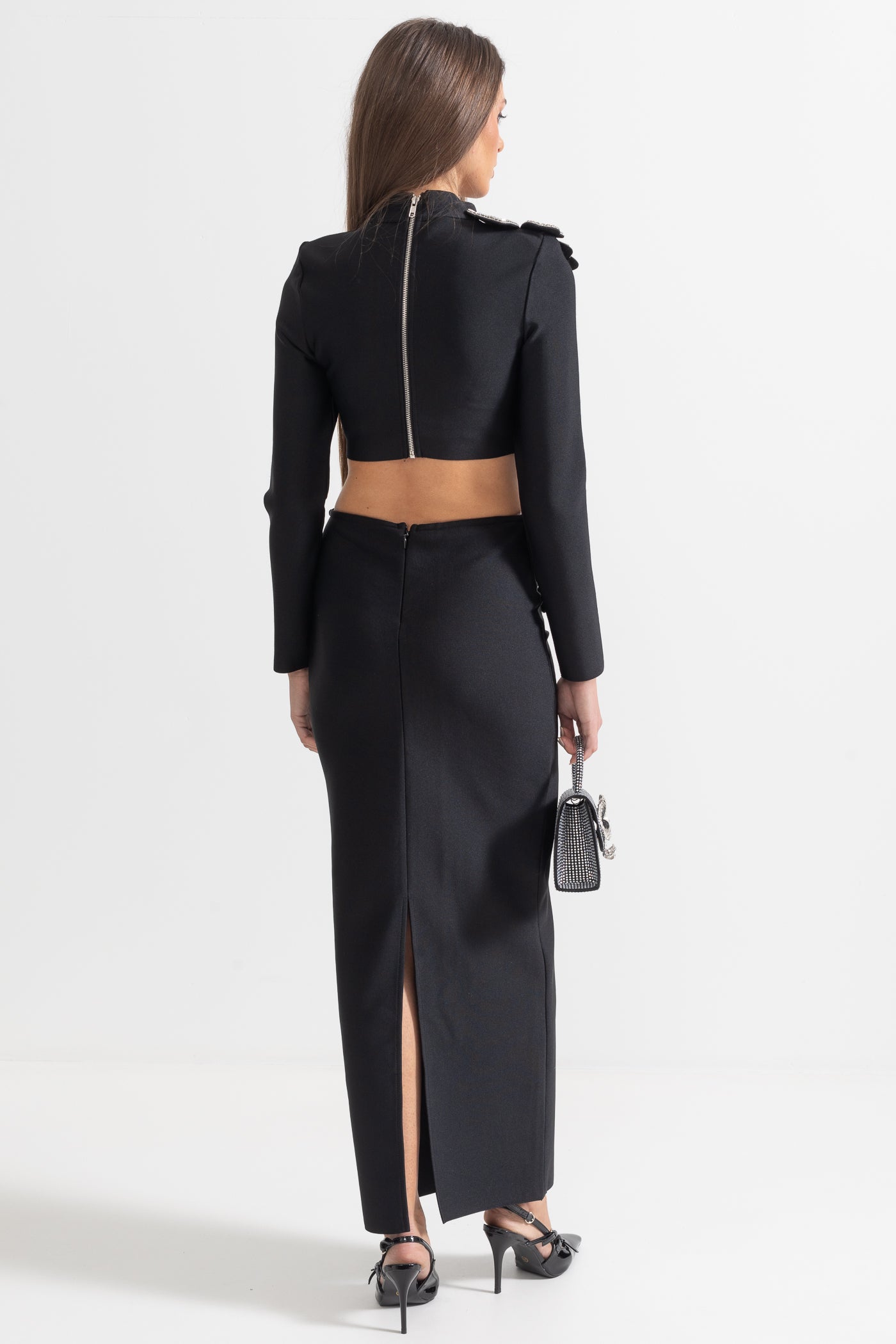 Diamantblumen-Akzent 2-teiliges Set mit langärmeligem Oberteil und Maxirock - Schwarz