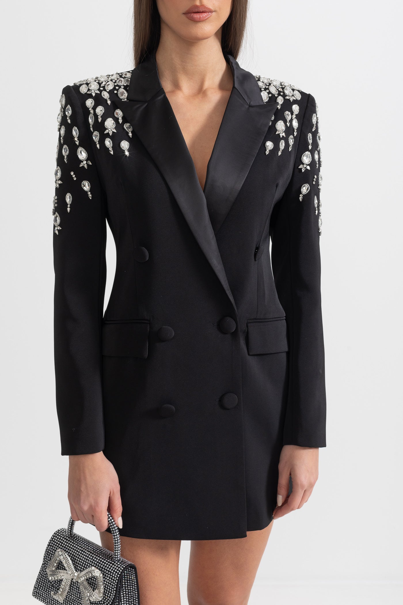Eleganter Blazer mit diamantbesetzten Schultern – Schwarz