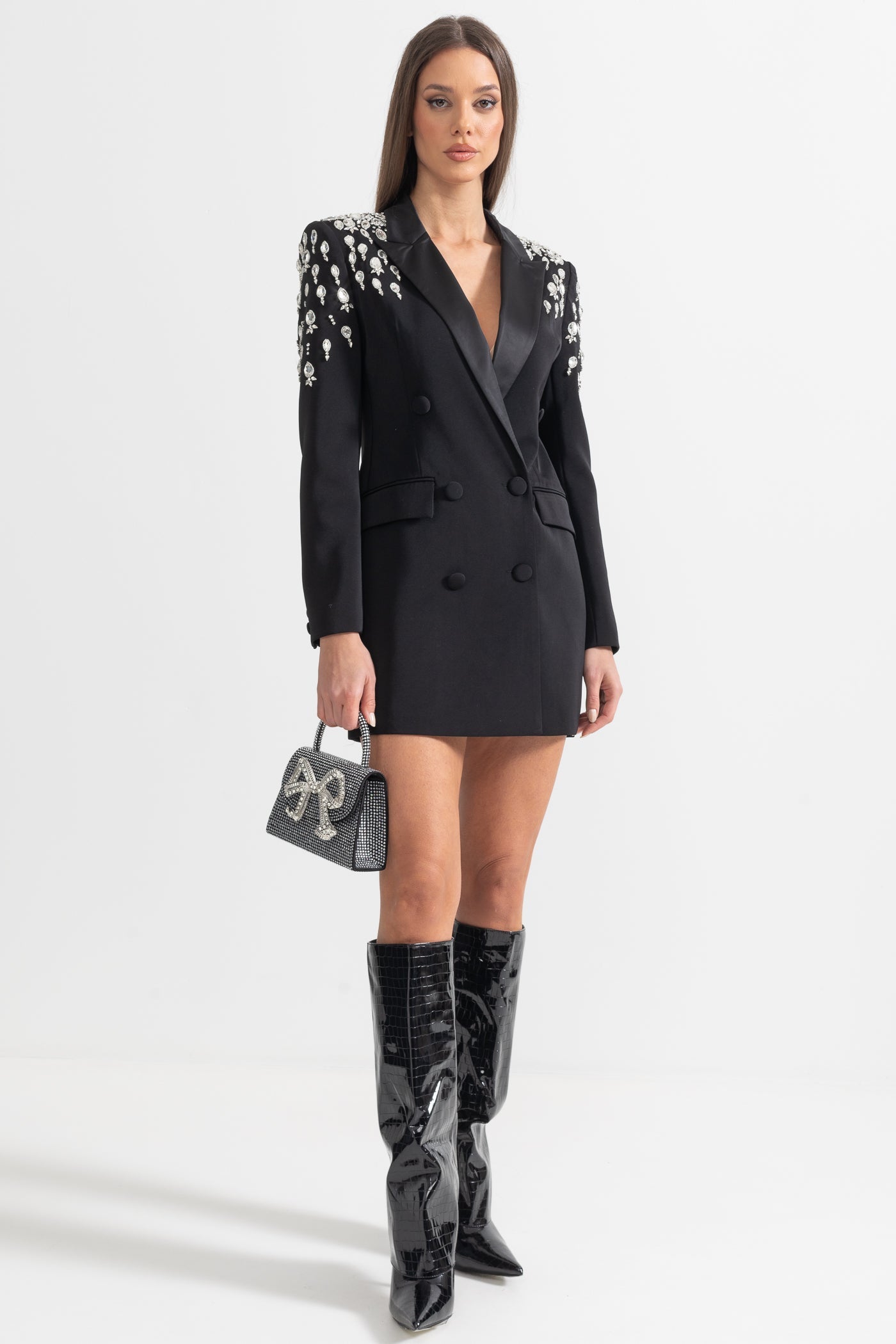 Eleganter Blazer mit diamantbesetzten Schultern – Schwarz