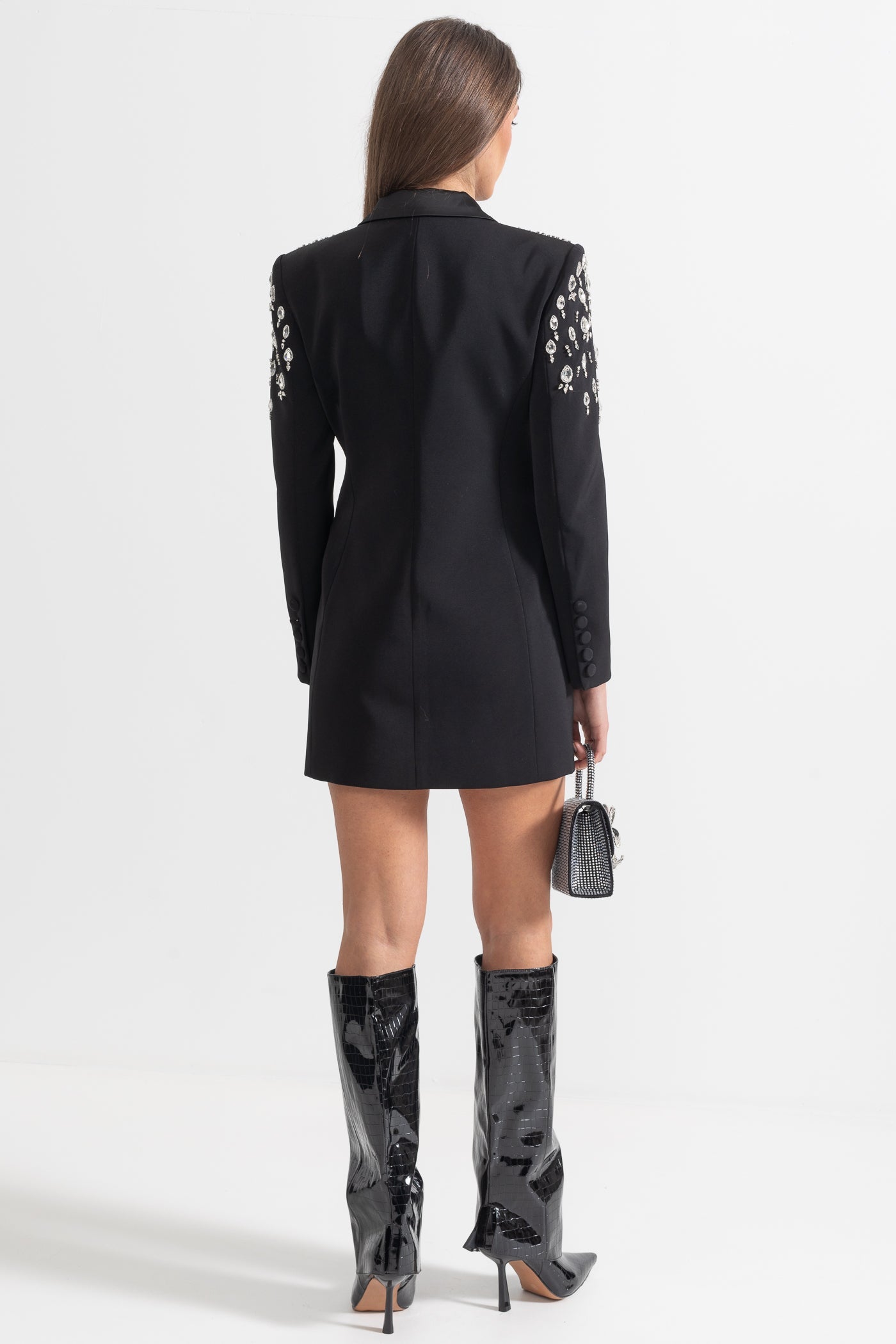 Eleganter Blazer mit diamantbesetzten Schultern – Schwarz