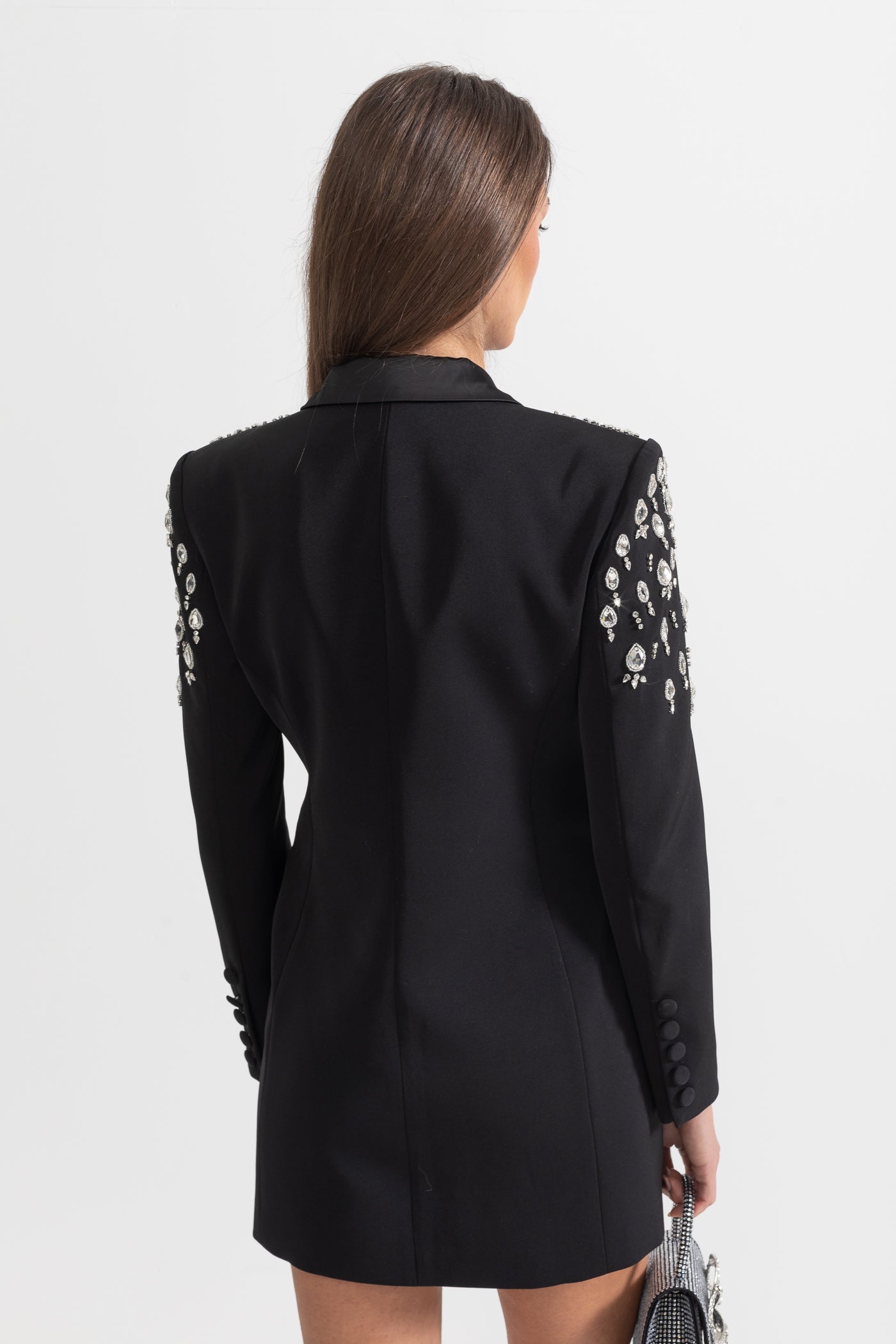 Eleganter Blazer mit diamantbesetzten Schultern – Schwarz