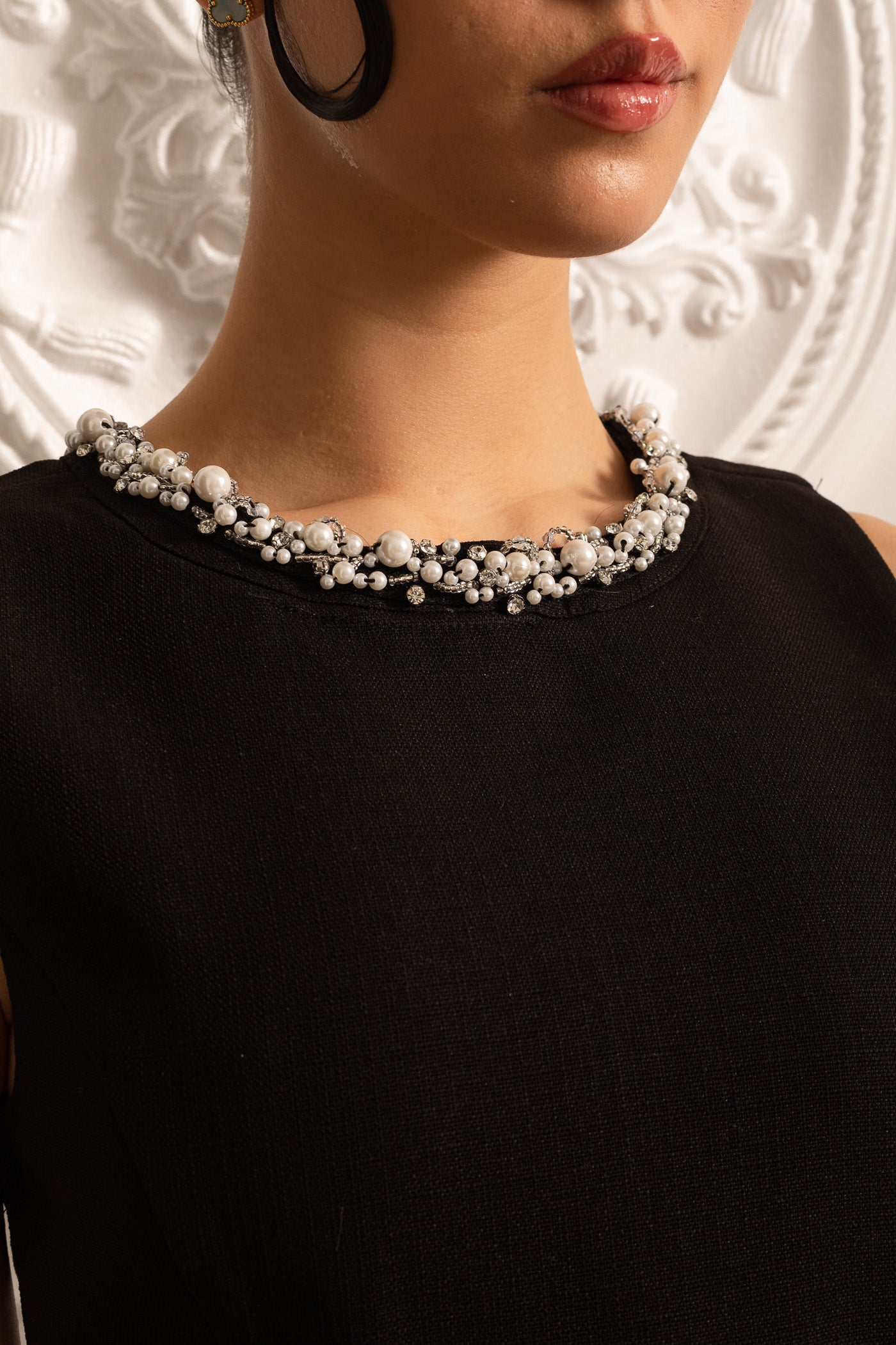 Elegant Mini Dress With Side Cutouts And Pearl Detailing - Black