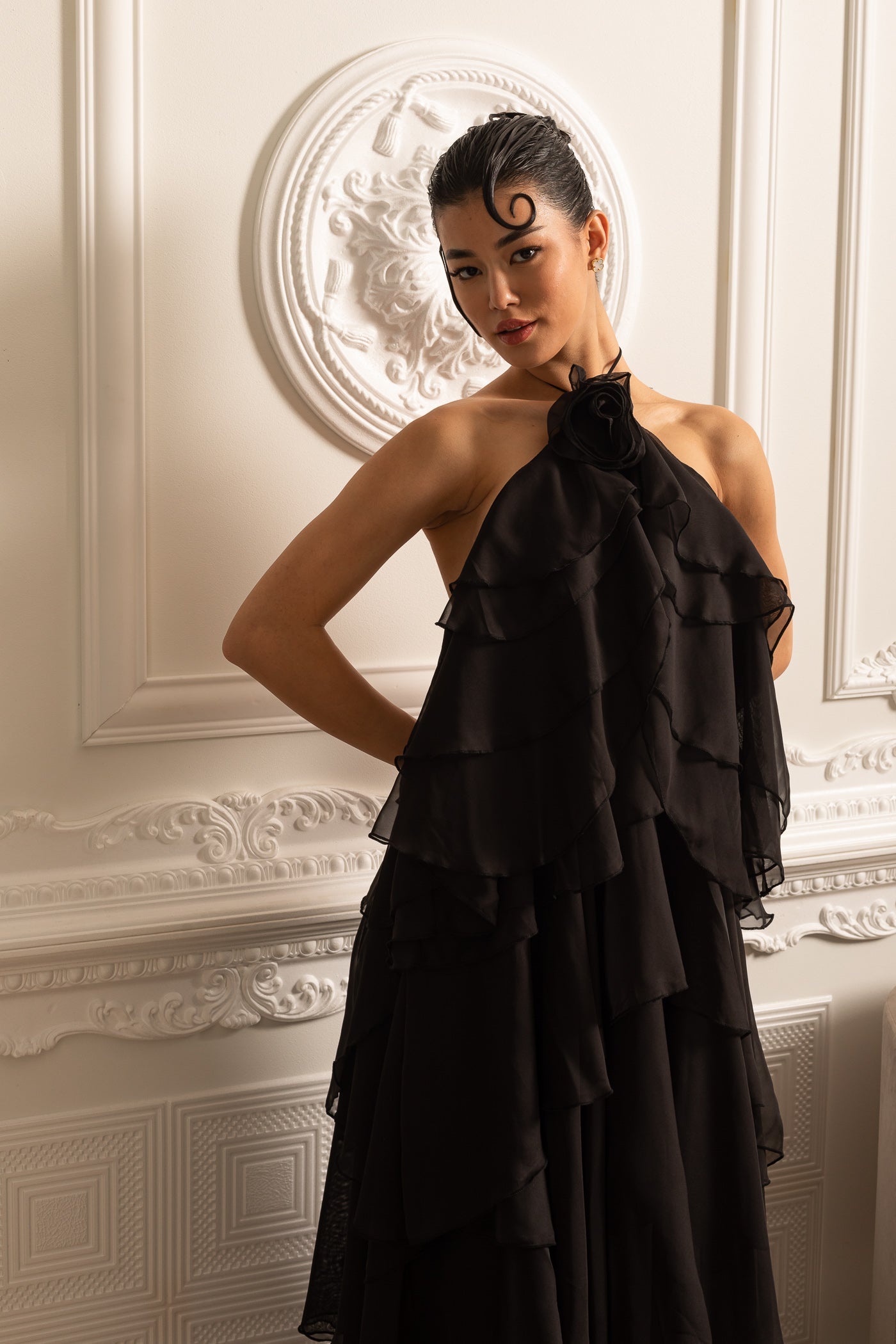 Layered Ruffle Halter Dress With Decorative Neckline Flower - Black