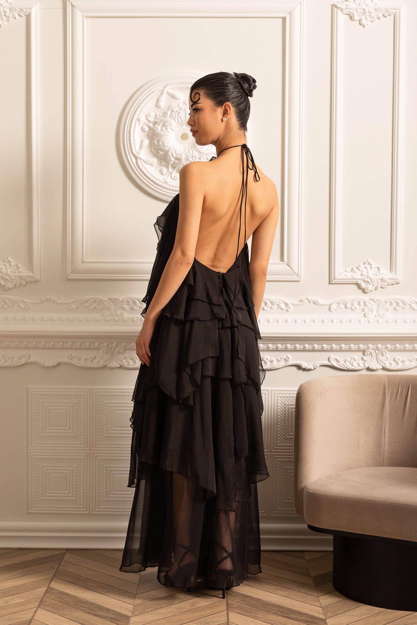 Layered Ruffle Halter Dress With Decorative Neckline Flower - Black