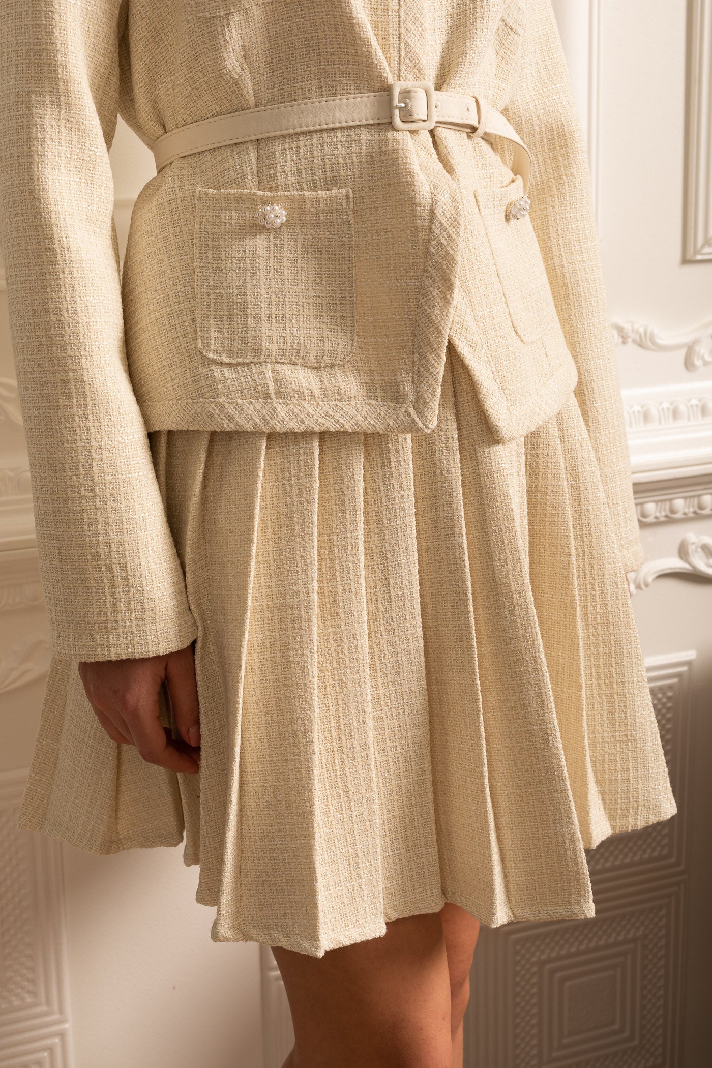 Textured Co-Ord Set With Long Sleeved Top And Matching Pleated Mini Skirt - Ivoire