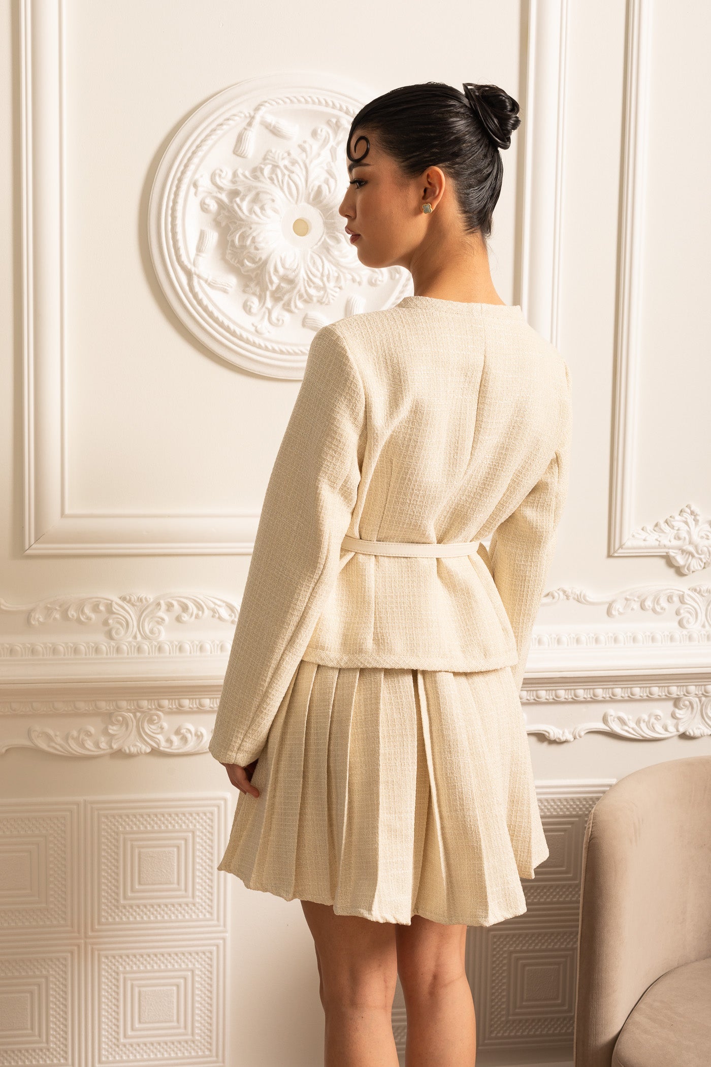 Textured Co-Ord Set With Long Sleeved Top And Matching Pleated Mini Skirt - Ivoire