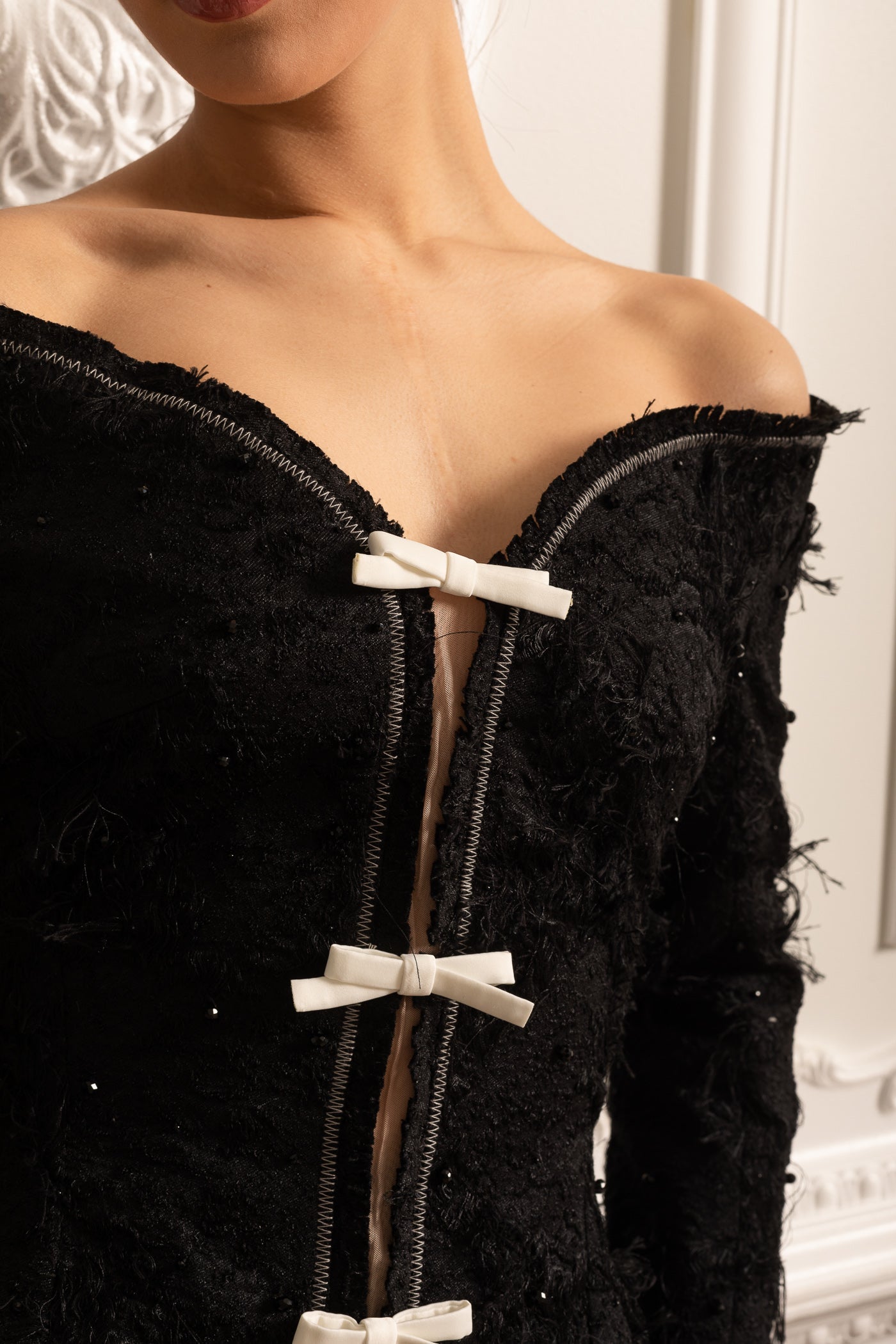 Textured Off-Shoulder Co-ord With White Bow Accents - Black