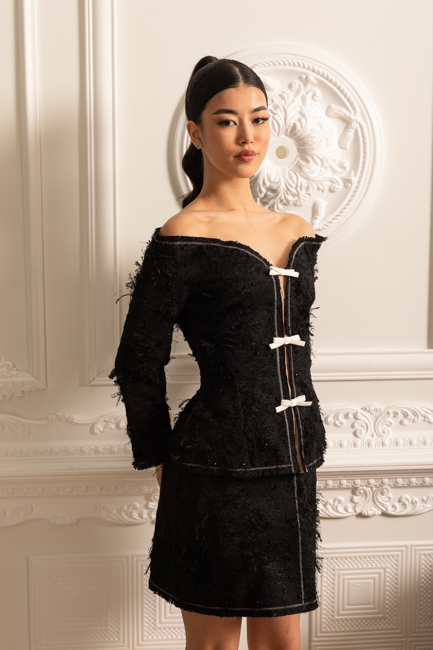 Textured Off-Shoulder Co-ord With White Bow Accents - Black