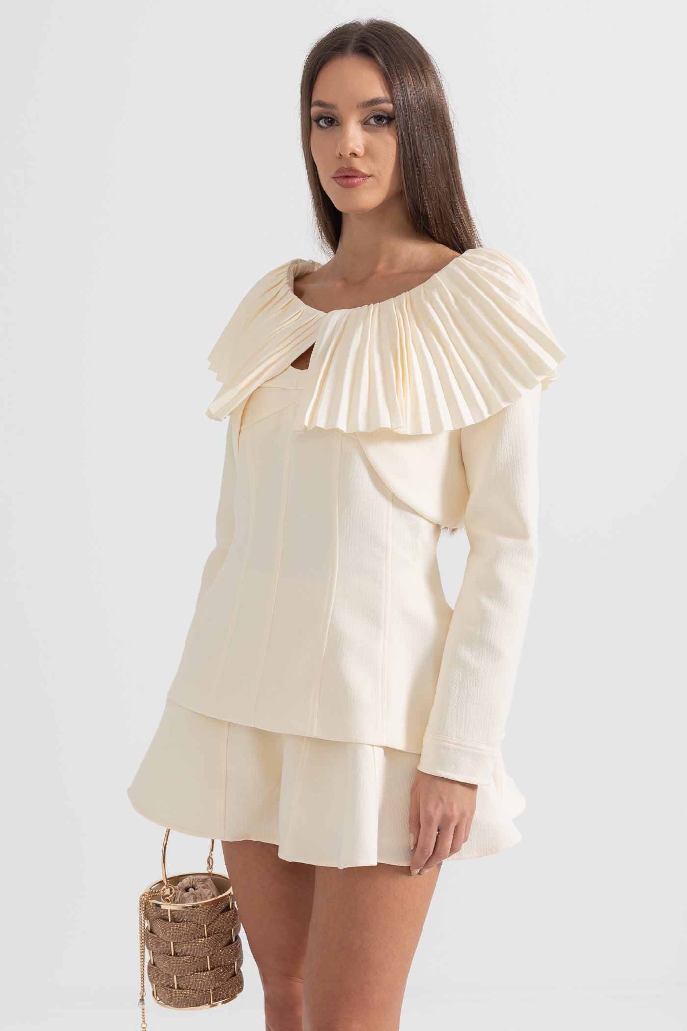 Elegantes 3-teiliges Kleid mit plissiertem, abnehmbarem Kragen und Rock – Ivoire