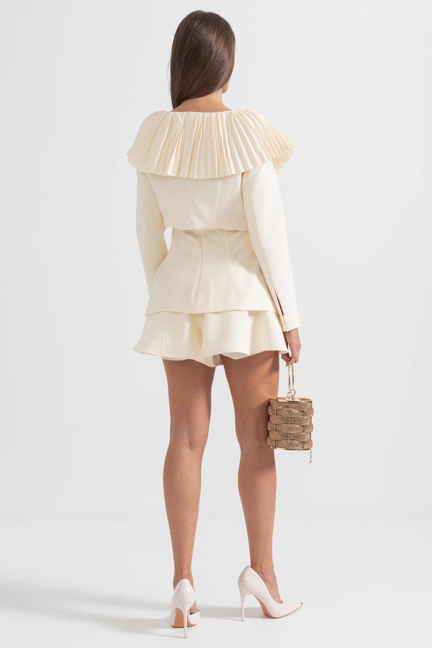 Elegantes 3-teiliges Kleid mit plissiertem, abnehmbarem Kragen und Rock – Ivoire