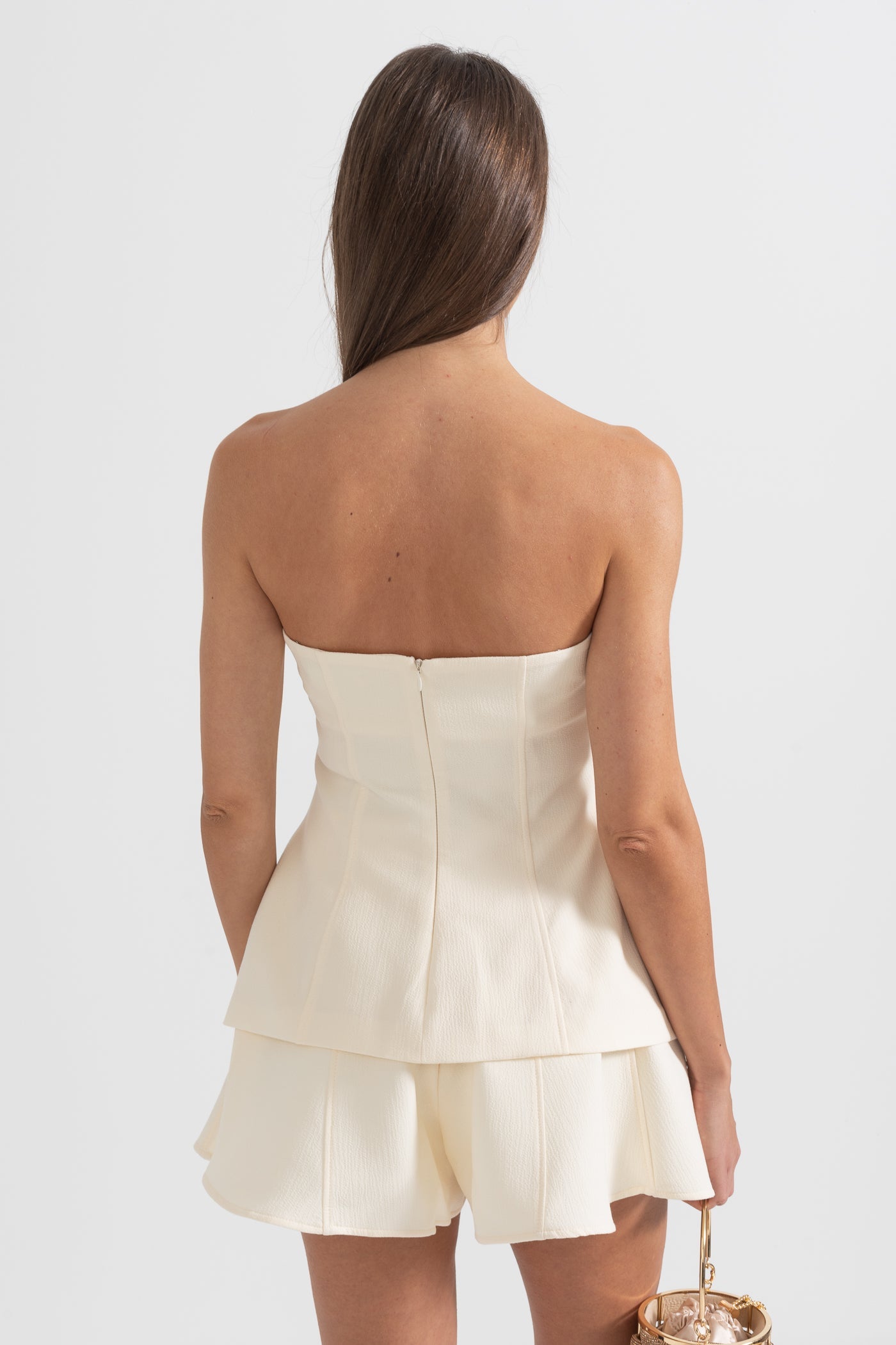 Elegantes 3-teiliges Kleid mit plissiertem, abnehmbarem Kragen und Rock – Ivoire