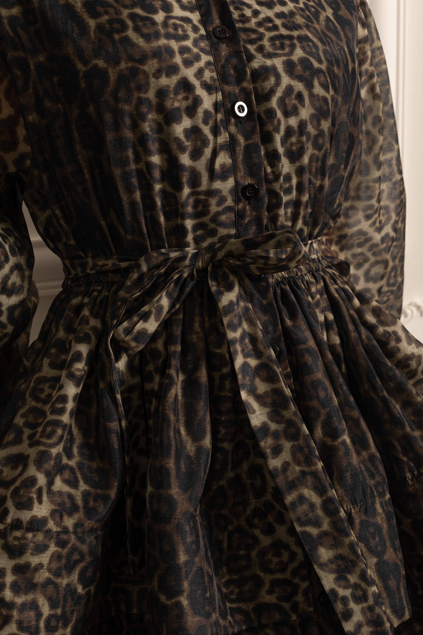 Leopard Pattern Long Sleeved Dress With Layered Skirt - Black