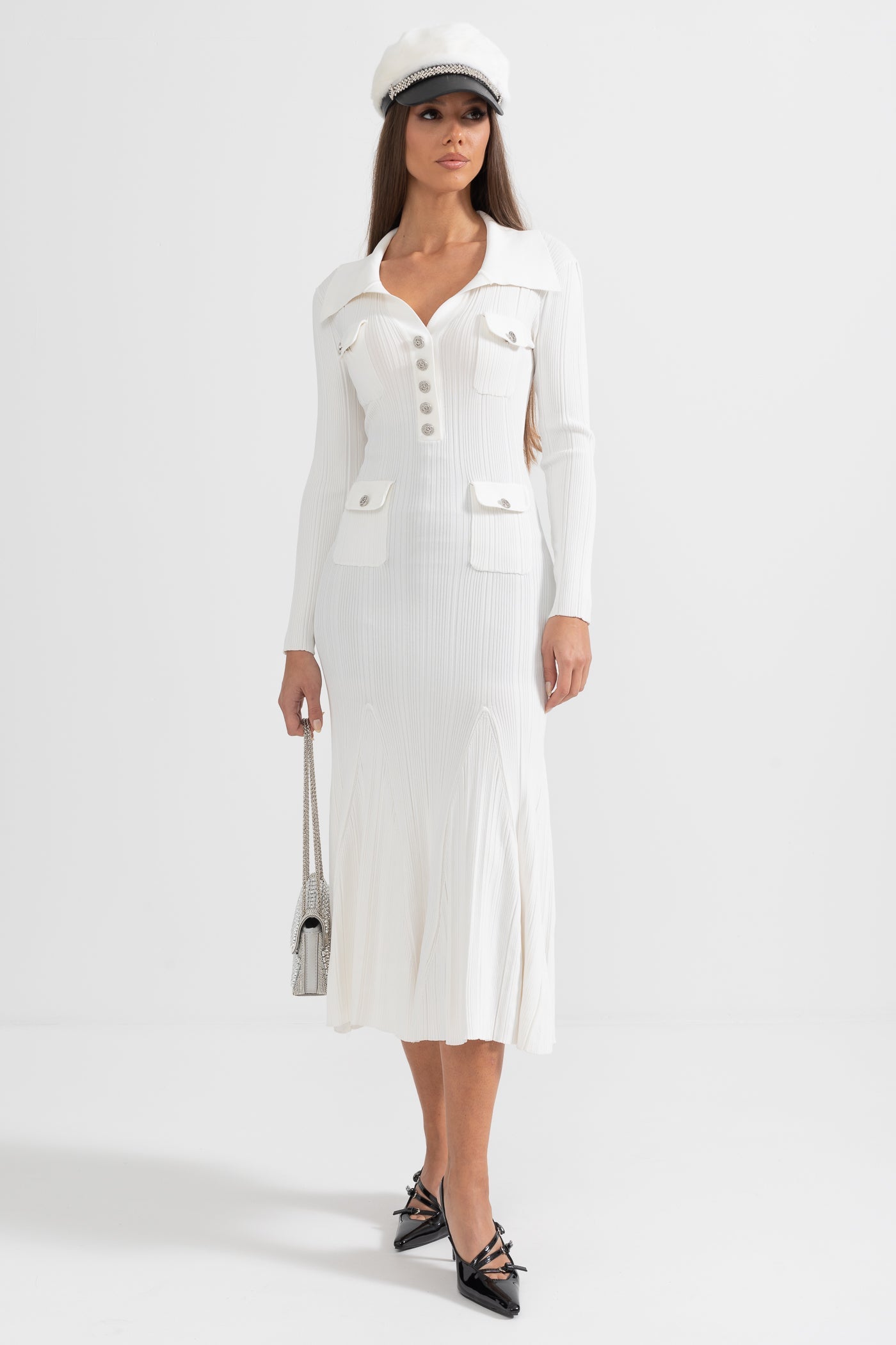 Elegantes, geripptes Kleid mit langen Ärmeln – Weiß