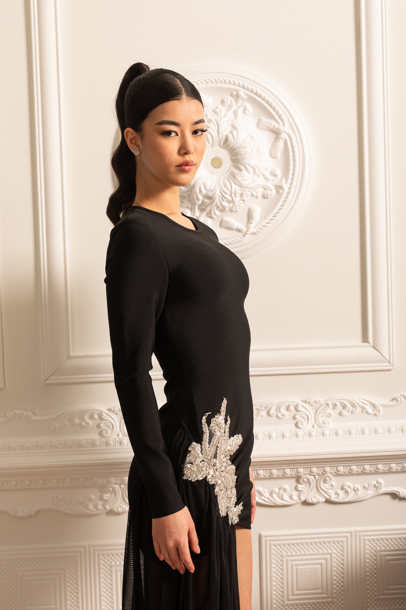 Asymmetrical Fitted Dress With White Hip Embellishments And Sheer Floor-Length Extension - Black